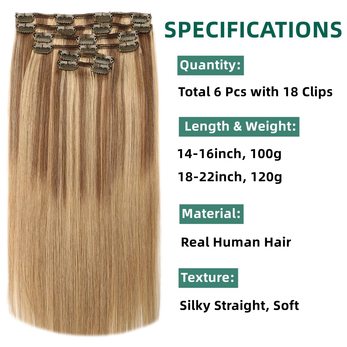 VINBAO 18 Inch Clip in Human Hair Extensions - 6pcs 120g Remy Human Hair with Balayage Ash Brown to Caramel Blonde (#10/16/16) - Perfect for Volume, Length & Styling for Parties, Weddings & Daily Wear