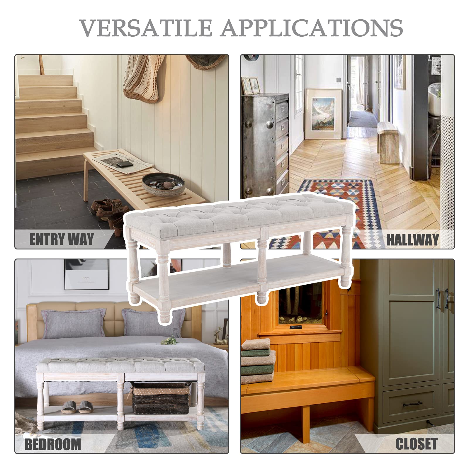 Kmax Storage Entryway Bench - Tufted Shoe Rack with Wooden Seat, Multi-Functional Hallway Bench for Bedroom Corner & Window (Beige) - Perfect for Small Space Organization & Home Decor