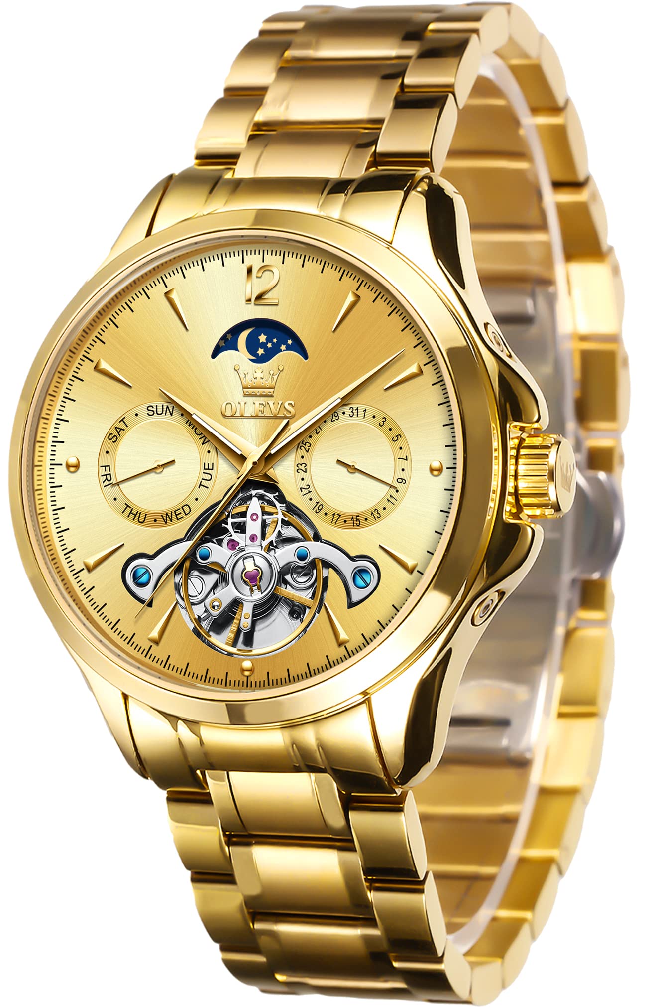 OLEVS Men's Luxury Skeleton Automatic Tourbillon Mechanical Watch with Moon Phase - Self Winding Dress Wristwatch for Business, Formal Events & Gifts