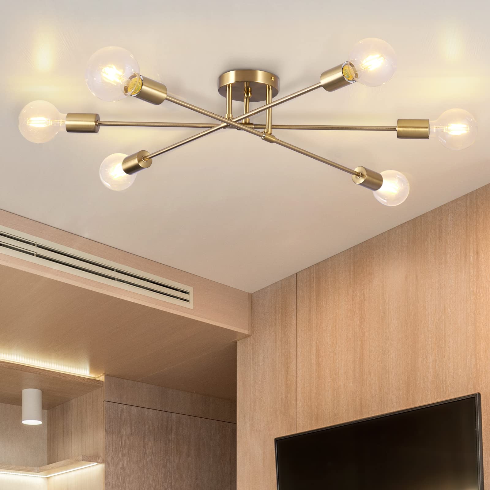 Vintage Brass 6-Light Sputnik Chandelier - Semi Flush Mount Ceiling Light Fixture with E26 Base, Mid Century Modern Industrial Farmhouse Lighting for Kitchen, Living Room, Dining Room & Bedroom | Perfect for Home Decor, Restaurant and Cafe Ambience