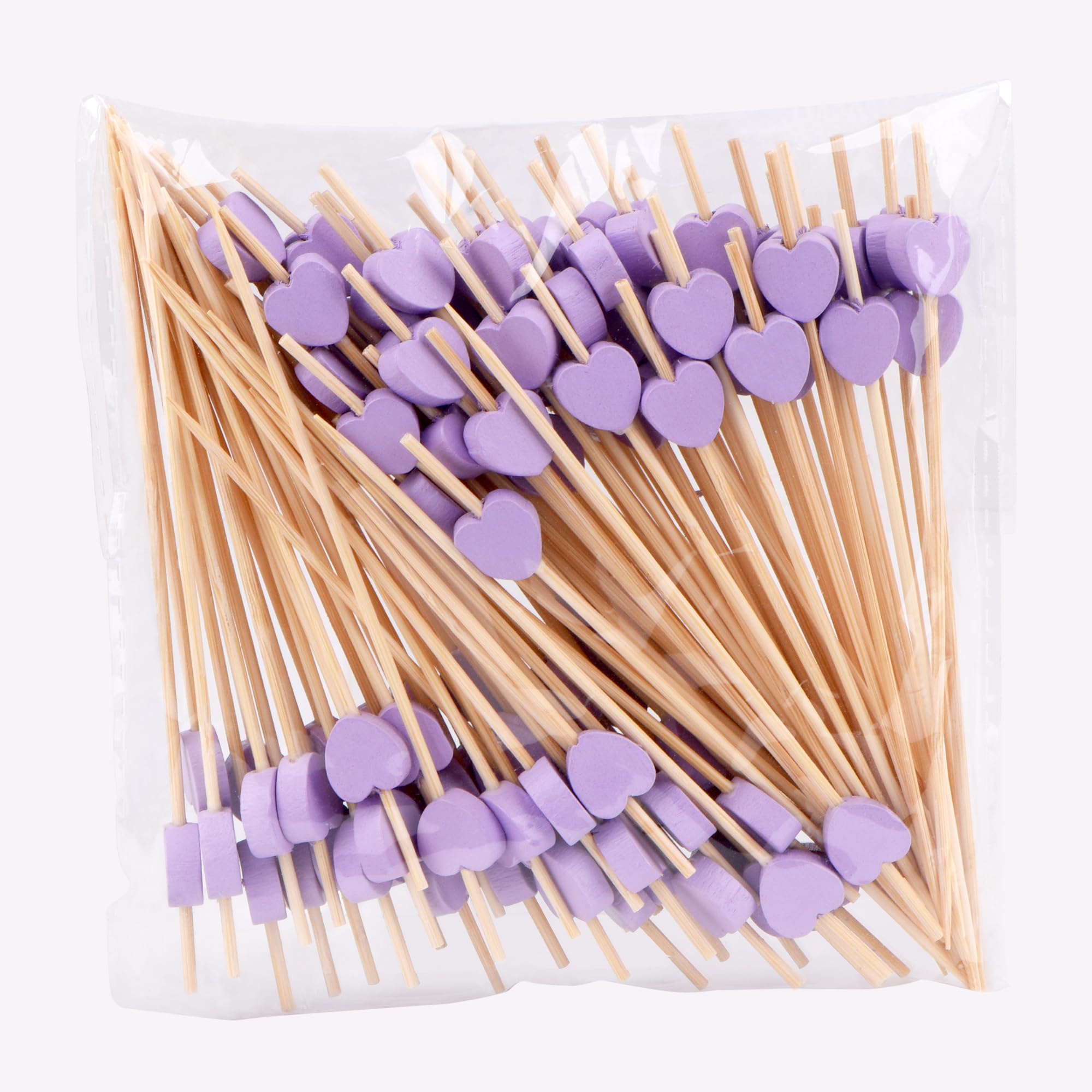 100 Pack Heart-Shaped Bamboo Toothpicks for Fruit, Cocktails & Desserts - Purple