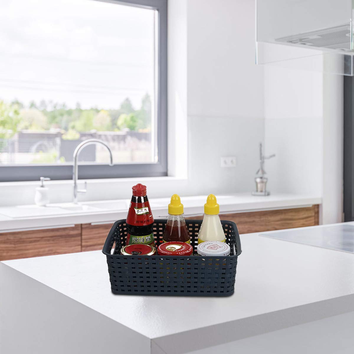 Sandmovie Plastic Weave Storage Baskets - 6 Pack Navy Blue Organizer Bins for Kitchen, Bathroom, Closet & Office - Space Saving Home Organization Solution