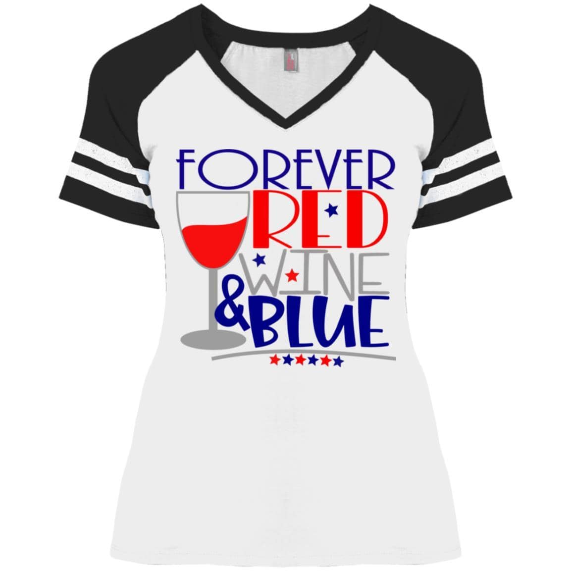 Forever Red Wine & Blue Ladies' Game V-Neck T-Shirt - Patriotic Women's Casual Tee for 4th of July, BBQ Parties & Girls Night Out