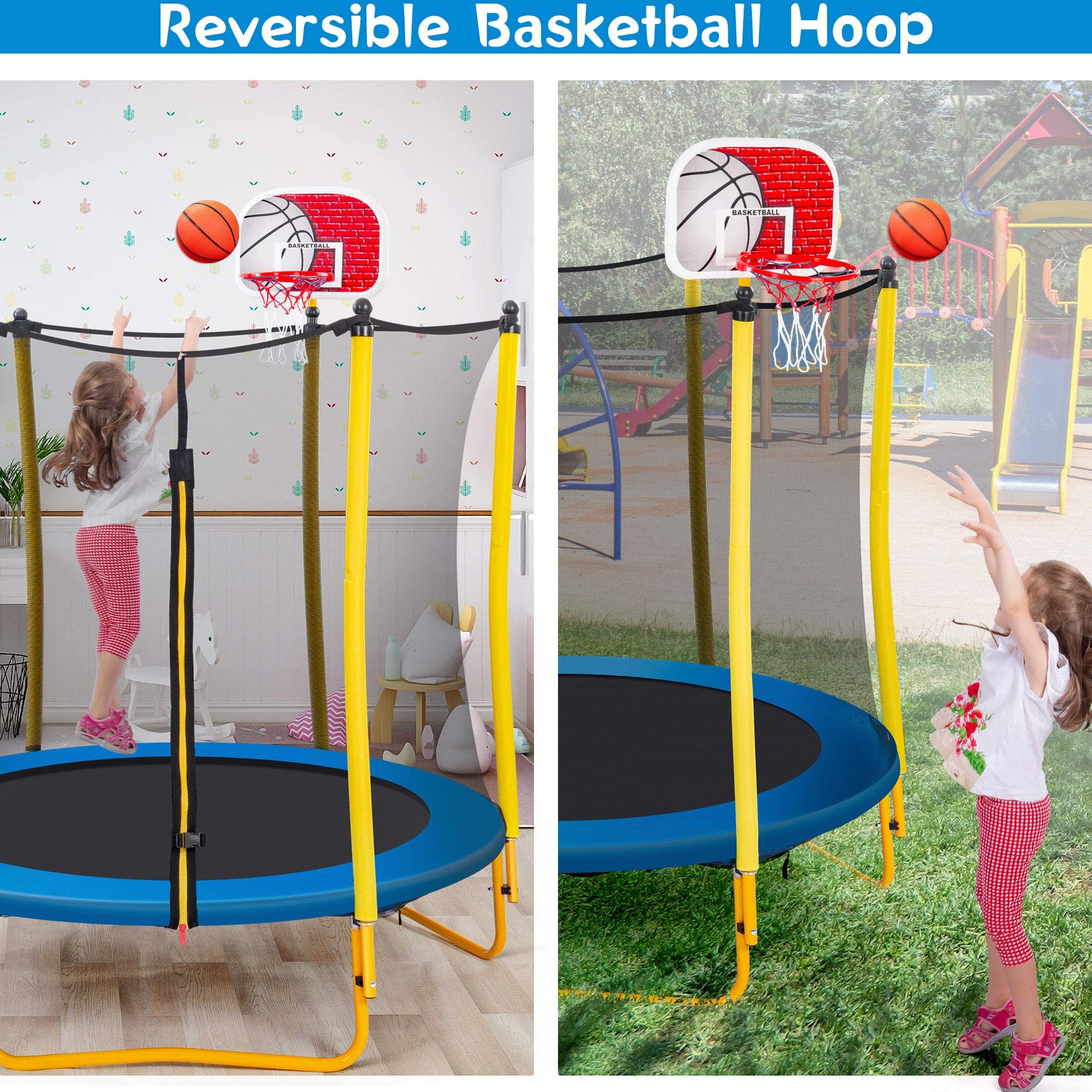 **Merax 66'' Kids Trampoline with Basketball Hoop, Rubber Ball & Safety Enclosure Net – 5.5FT Mini Trampoline for Toddlers (Ages 1-8) – Indoor & Outdoor Use – Perfect Birthday Gift for Active Play & Backyard Fun**