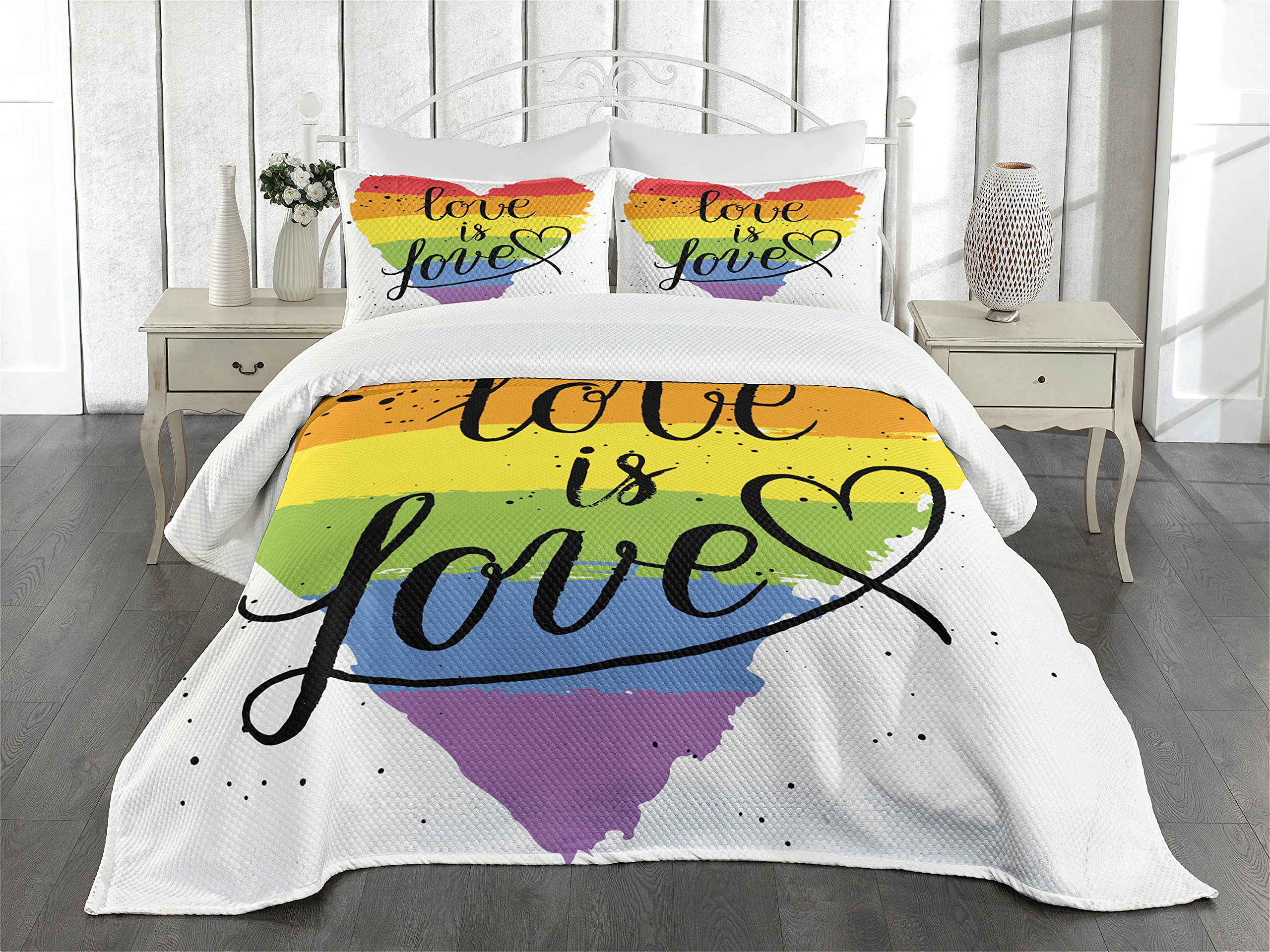 Ambesonne Pride Bedspread Set - LGBT Rainbow Love is Love Handwriting Design, 3-Piece Queen Size Bedding Set with Coverlet & 2 Pillow Shams - Perfect for Pride Month, LGBTQ+ Weddings & Rainbow-Themed Bedrooms