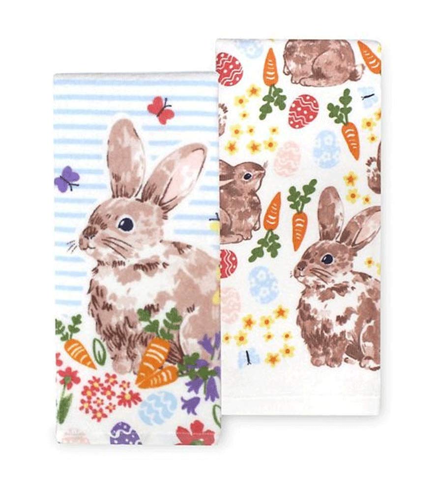 Watercolor Bunny Cotton Kitchen Towels Set of 2 - Absorbent & Decorative Dish Towels for Cooking, Baking & Farmhouse Style Kitchen Decor