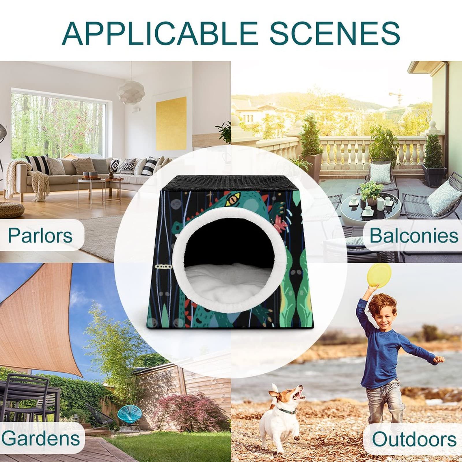 Printed Cat Houses & Condos - Foldable Cat Cube Bed with Removable Pillow in Crocodile Green | Cozy Pet Sofa for Indoor Cats, Perfect for Napping & Play