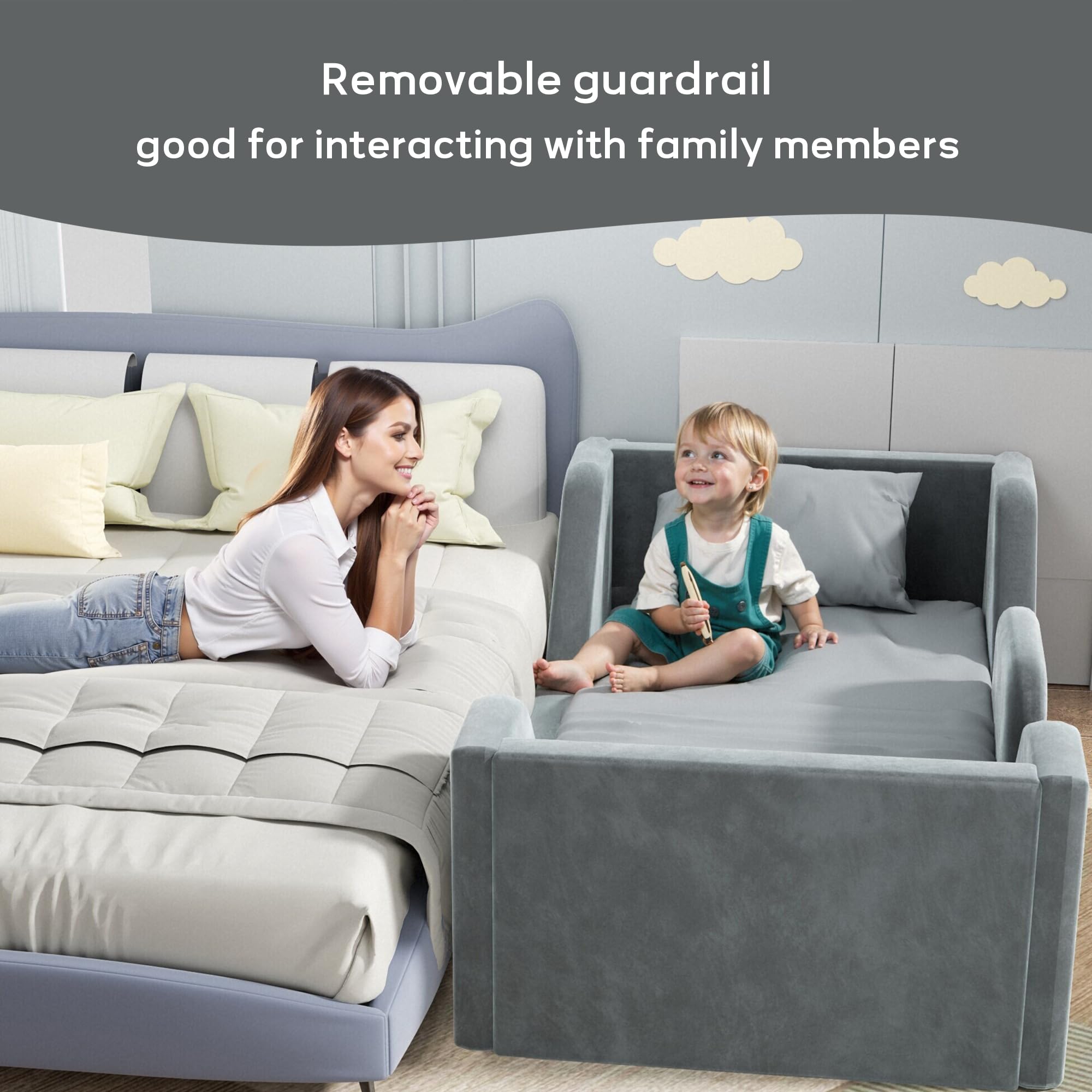 Toddler Floor Bed Frame with Guard Rails - Safe & Sturdy Small Bed for Kids Boys & Girls (Ages 2-6) | Certified Fabric Toddler Bed in Grey | Perfect for Montessori Bedrooms, Daycare Centers & Cozy Kids' Rooms
