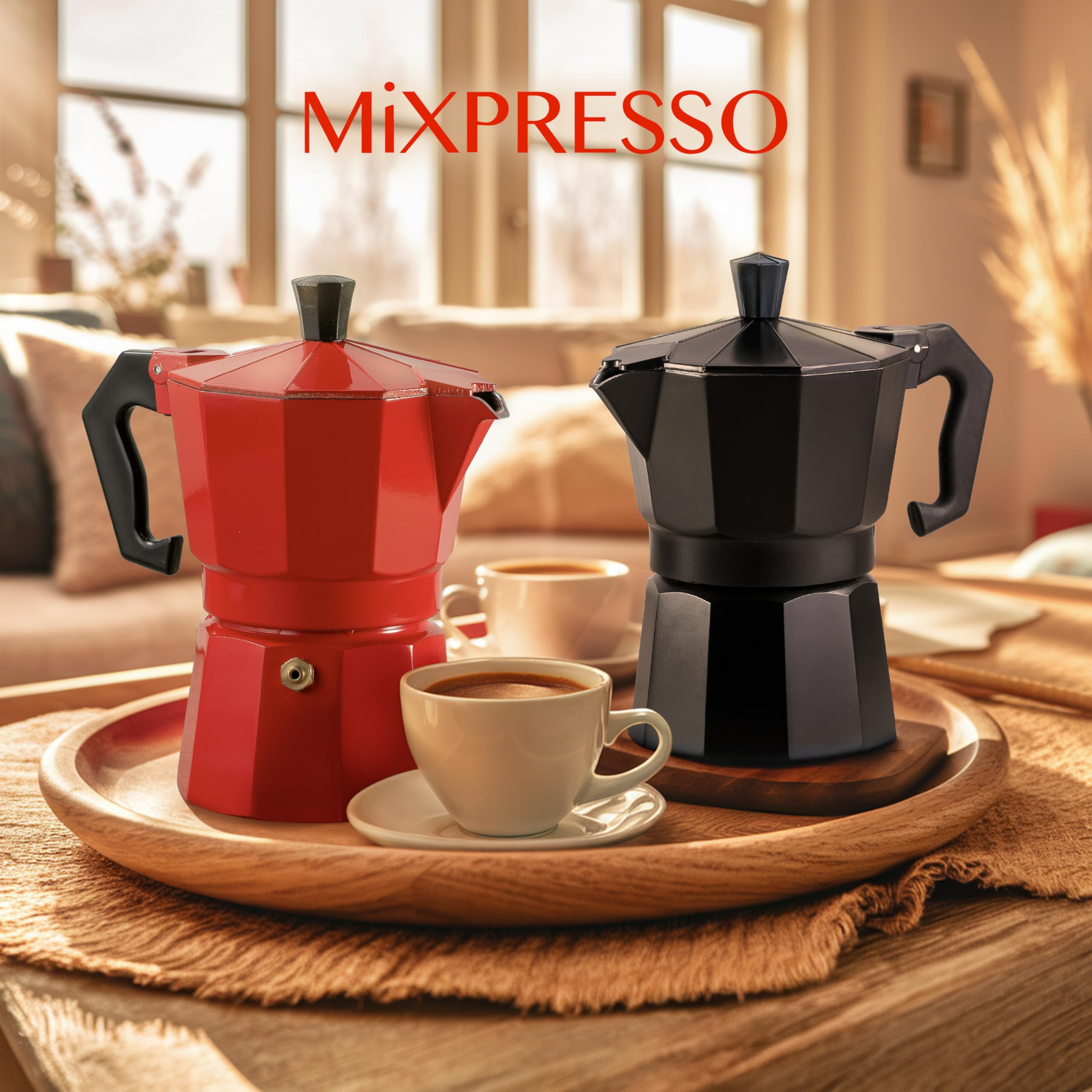 Mixpresso Aluminum Moka Stove Top Coffee Maker with 5oz Coffee Mug - Classic Italian Espresso Maker for Gas & Electric Stoves - 3 Cup Greca Moka Pot for Home, Office & Camping Use