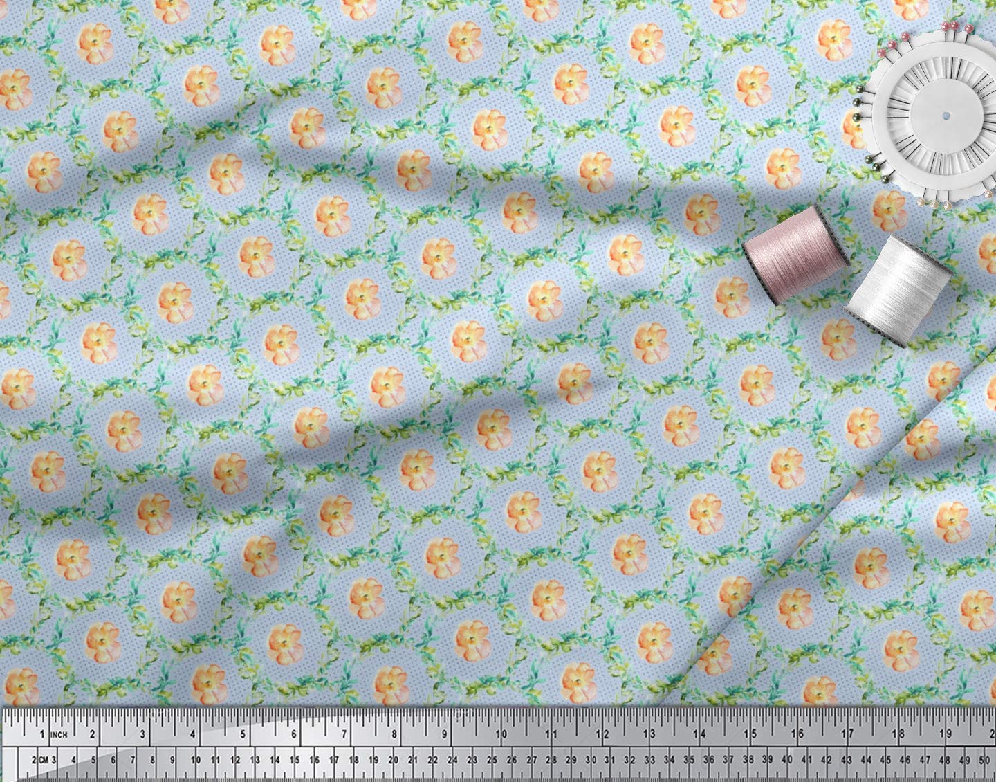 Soimoi Blue Cotton Cambric Fabric by The Yard - 42 Inch Wide Floral Textile with Wreath & Anemone Print - Classic Romantic Pattern for Trendy Apparel, DIY Dresses & Home Decor Projects