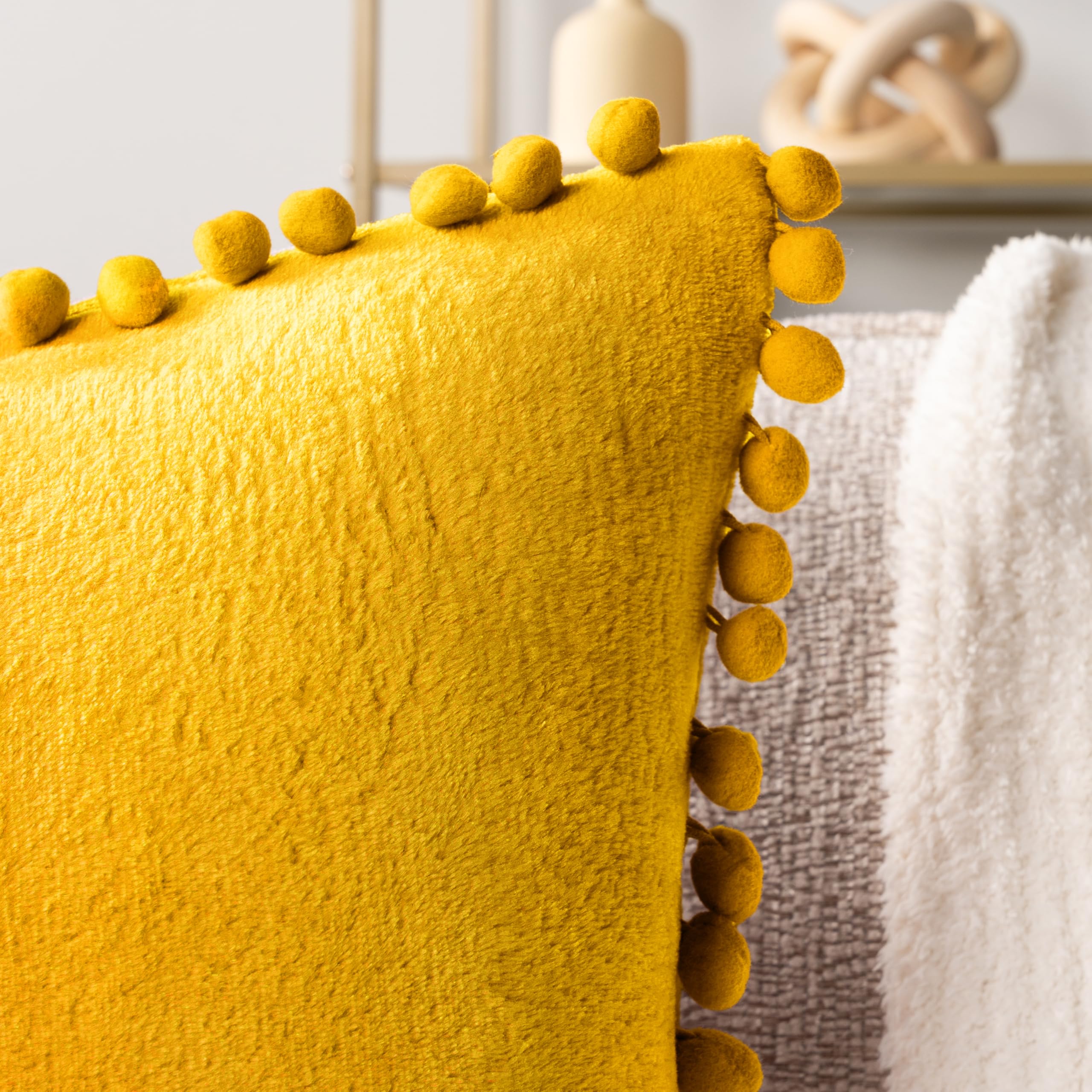 PAVILIA Mustard Yellow Velvet Euro Plush Throw Pillow Covers with Pom Pom - Set of 2 (20x20 Inches) - Decorative Cushion Covers for Bed, Sofa & Couch - Soft Luxury Pillowcases for Bedroom Aesthetic & Living Room Decor