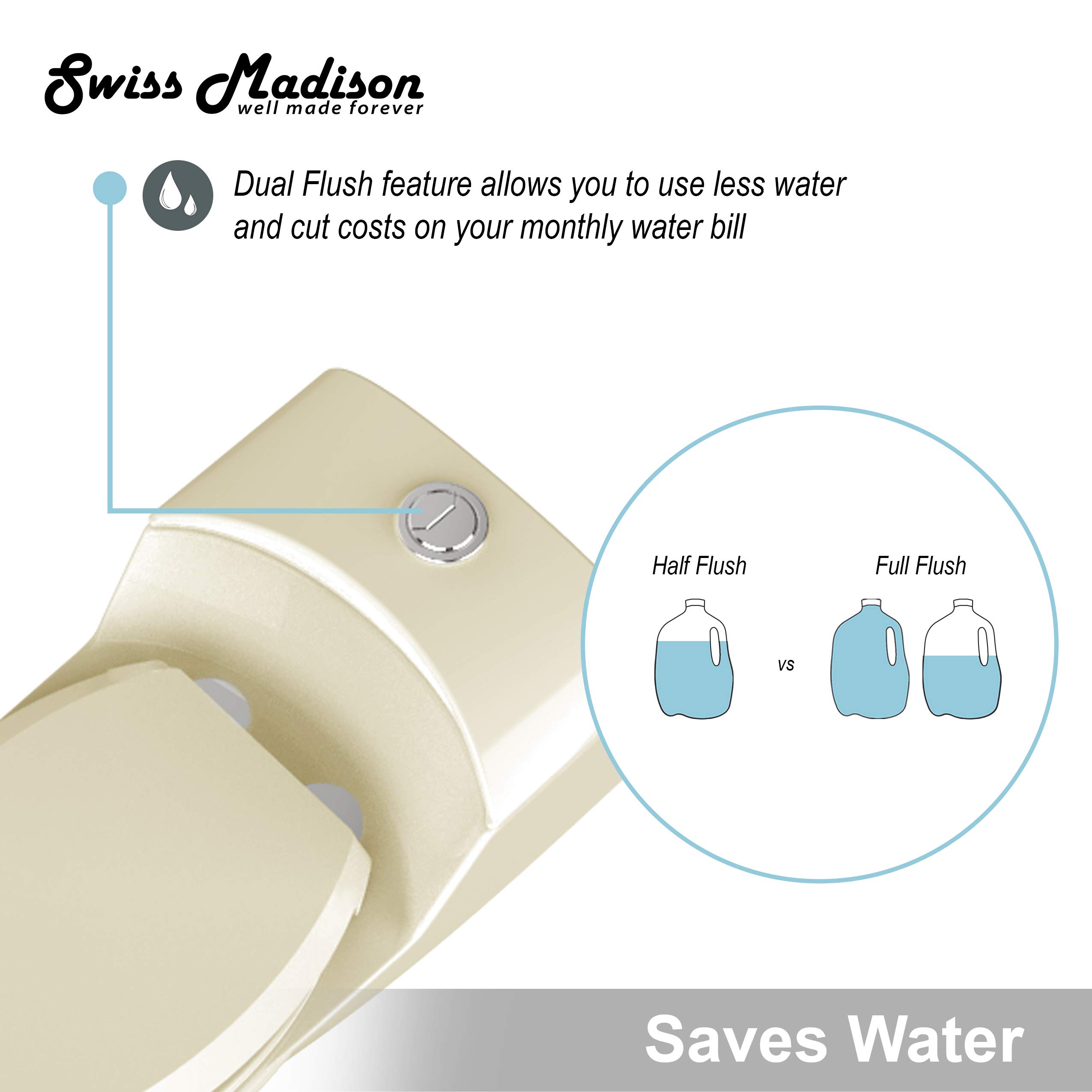 Swiss Madison SM-1T803BQ Chateau One Piece Elongated Dual Flush Toilet 0.8/1.28 GPF - Water Efficient Bisque Toilet for Modern Bathrooms | Perfect for Home Renovation & Small Bathroom Spaces