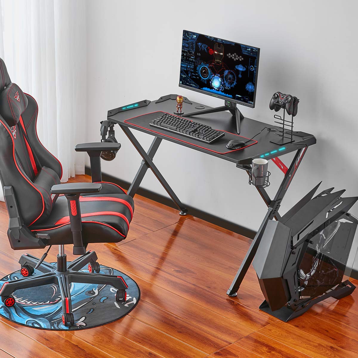 44.5 Inch X-Shaped Gaming Desk with LED Lights - Modern Computer Desk for Gamers Featuring Controller Stand, Cup Holder & Headphone Hook (Includes Free Mousepad) - Perfect for PC Gaming Setup, Esports Tournaments & Home Office Workstations - Black