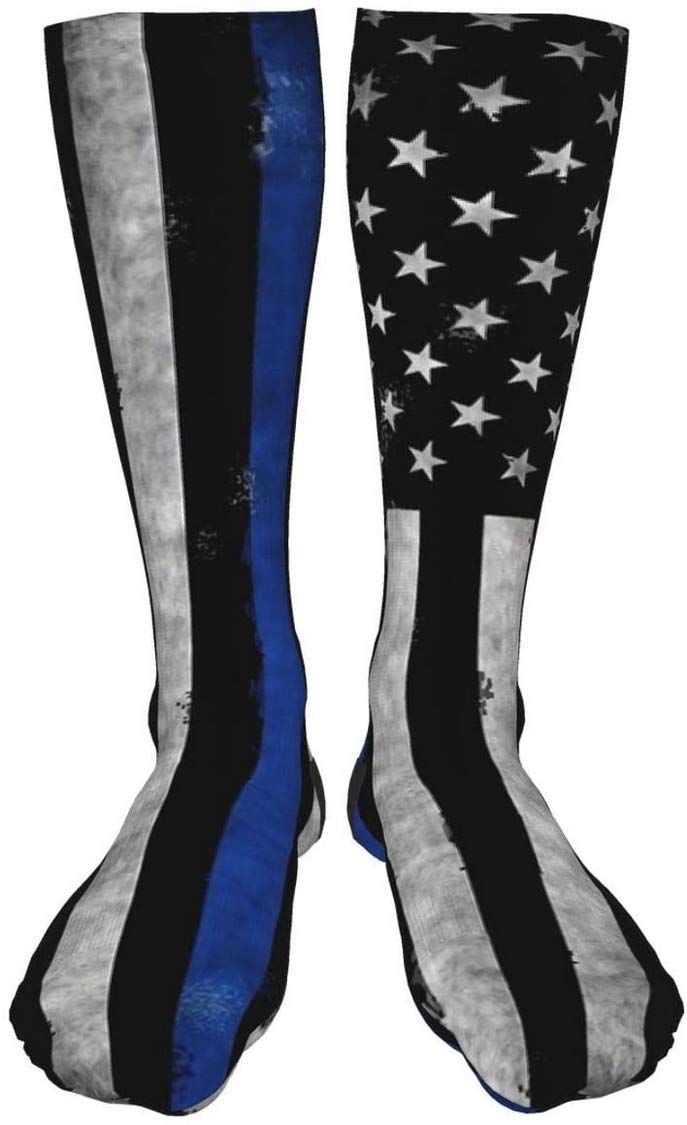American Police Flag Compression Socks - Black, White & Blue Striped Unisex Printed Socks - Crazy Patterned Fun Long Cotton Over-The-Calf Tube Socks for Running, Nursing & Law Enforcement Support