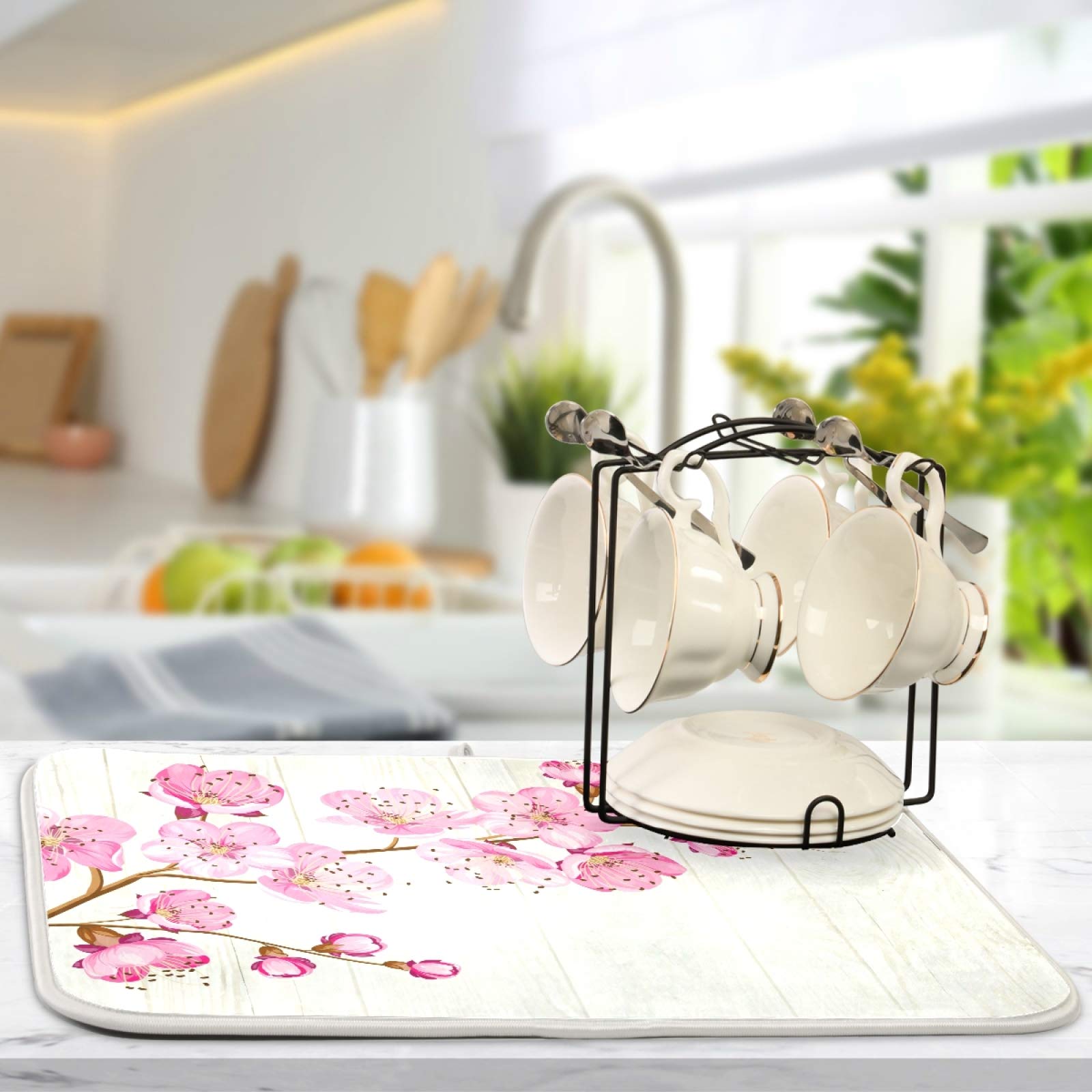 Absorbent Microfiber Dish Drying Mat - 18x16 Inch Reversible Kitchen Counter Pad with Cute Pink Floral Design | Non-Slip Bottle & Dish Drainer for Countertops, Sinks & Drying Racks | Perfect for Kitchens, RVs & Small Spaces