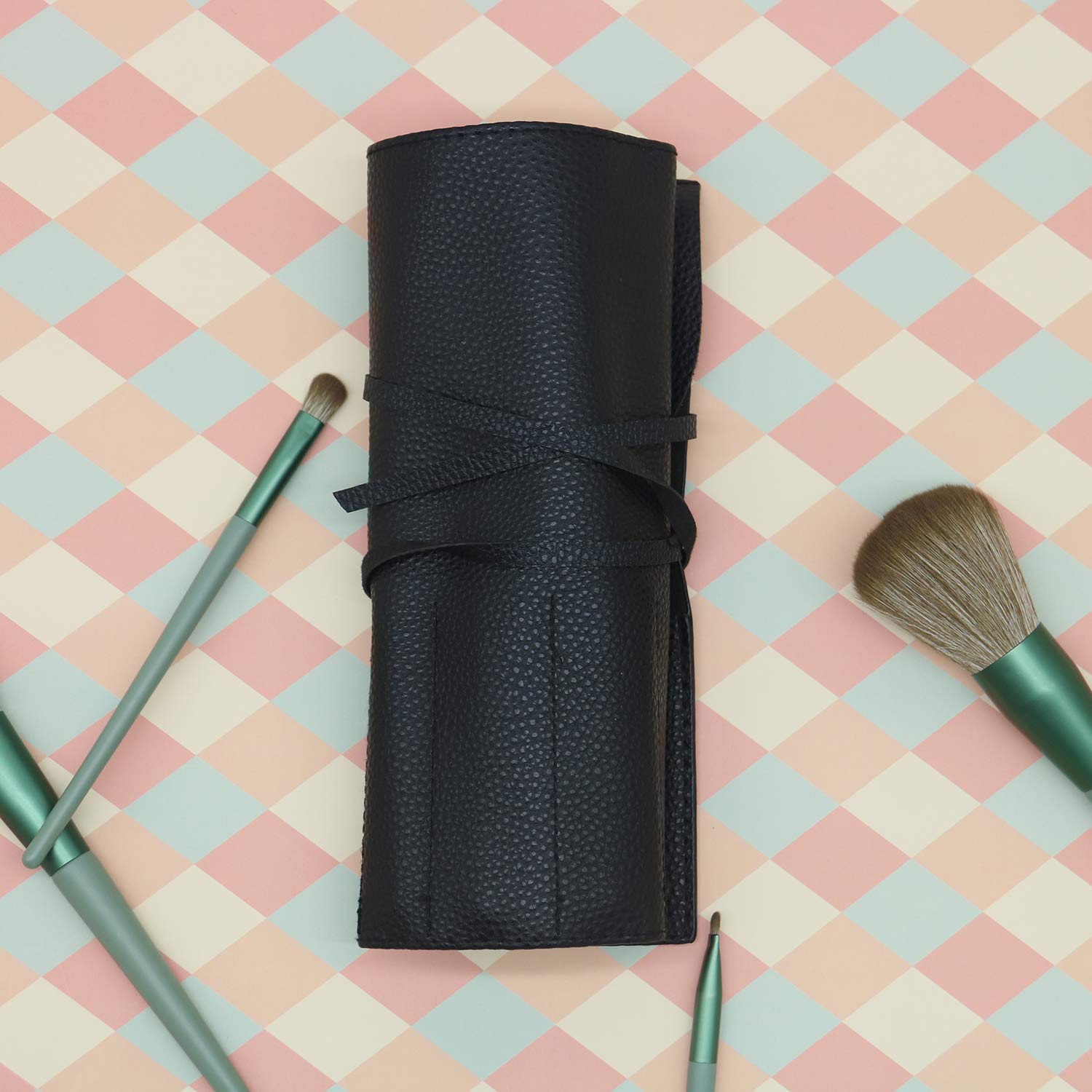 Premium PU Leather Makeup Brush Travel Case - Roll Up Cosmetic Brush Holder Organizer with Storage Pouch for Makeup Brushes | Perfect for Travel, Home & Salon Use