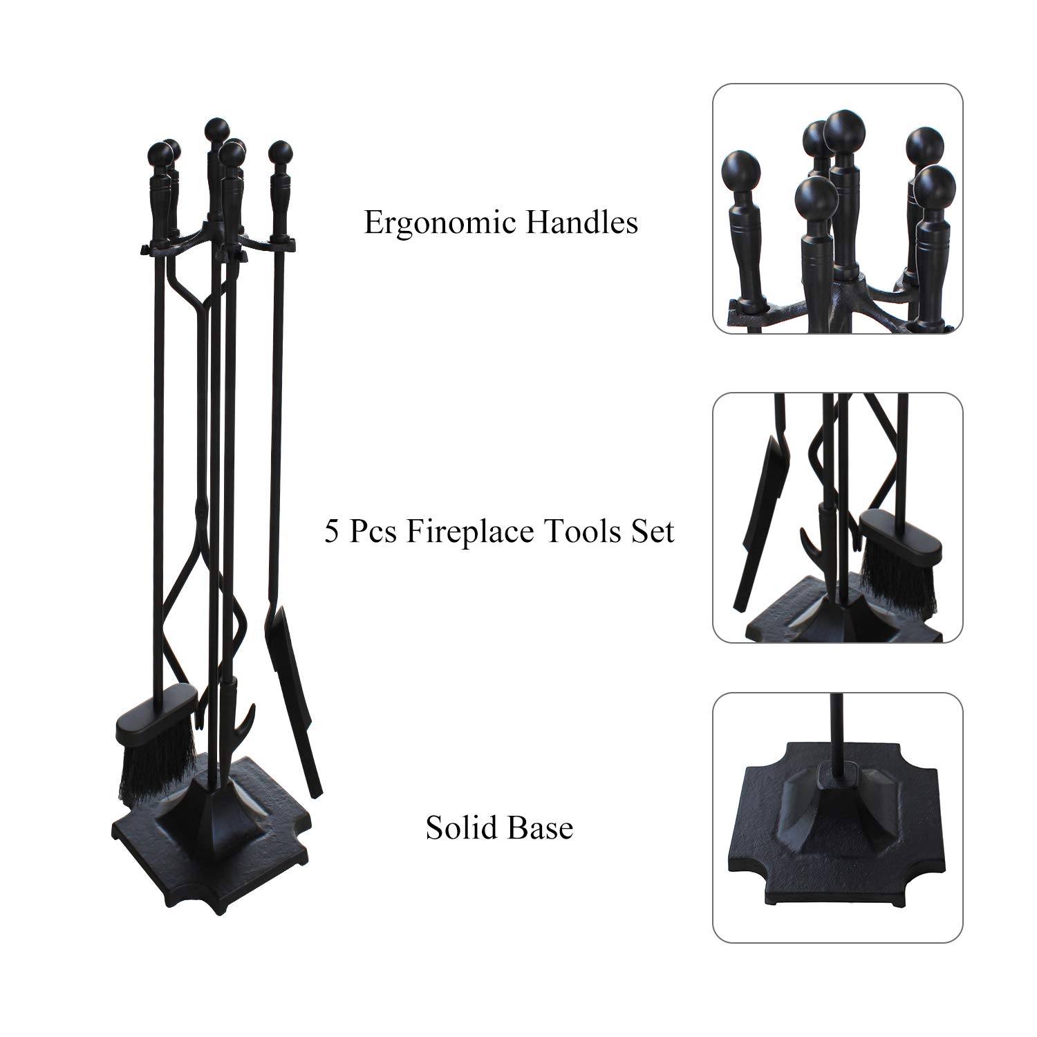 5-Piece Wrought Iron Fireplace Tool Set - Black Fire Pit Poker, Log Tongs & Holder Kit for Wood Stove - Perfect for Indoor Fireplaces, Outdoor Fire Pits & Camping