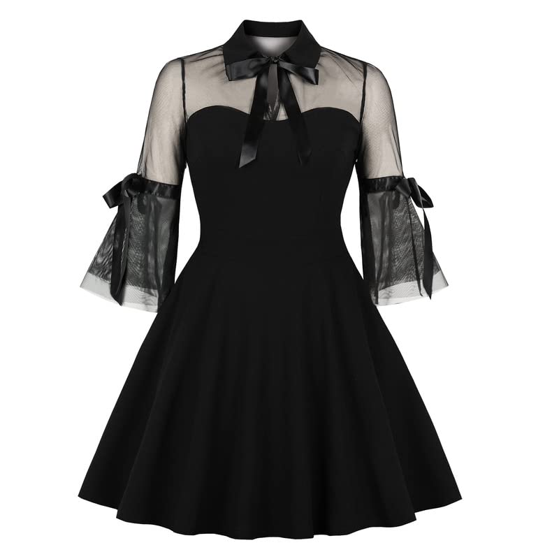 Gothic Women's Vintage Black Evening Dress with Openwork Mesh Panel - Elegant Goth Lace Dress for Halloween, Cosplay & Gothic Parties (XXL, Black)