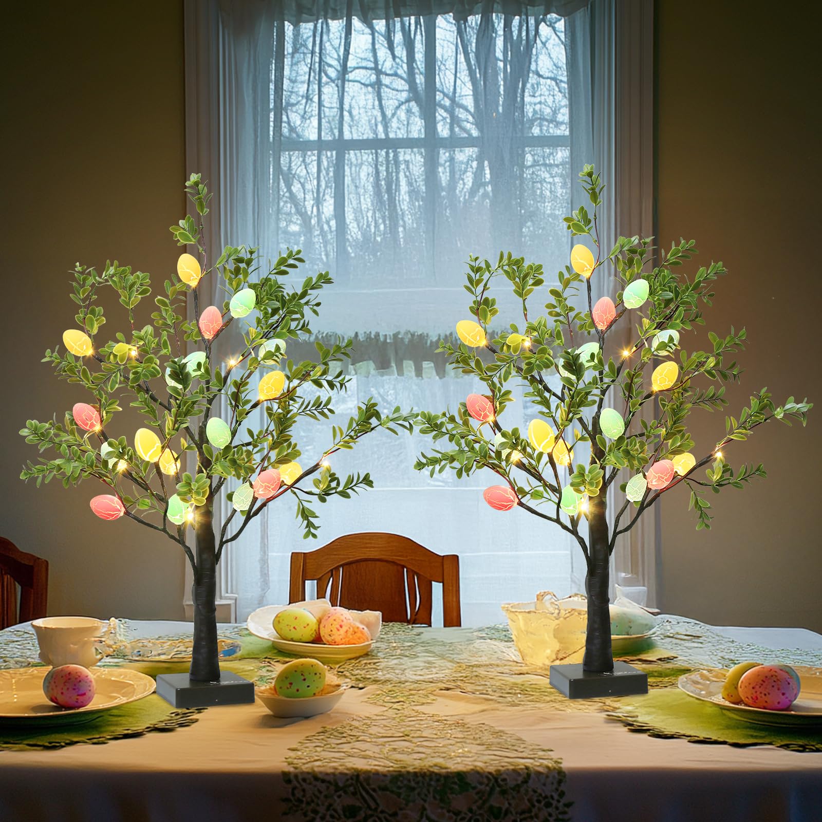EAMBRITE 2Ft LED Lighted Easter Tree with 24 Hanging Eggs - Battery/USB Powered Artificial Tabletop Tree for Spring Home Decor - Perfect for Easter Celebrations, Party Centerpieces & Seasonal Table Displays (2 Pack)