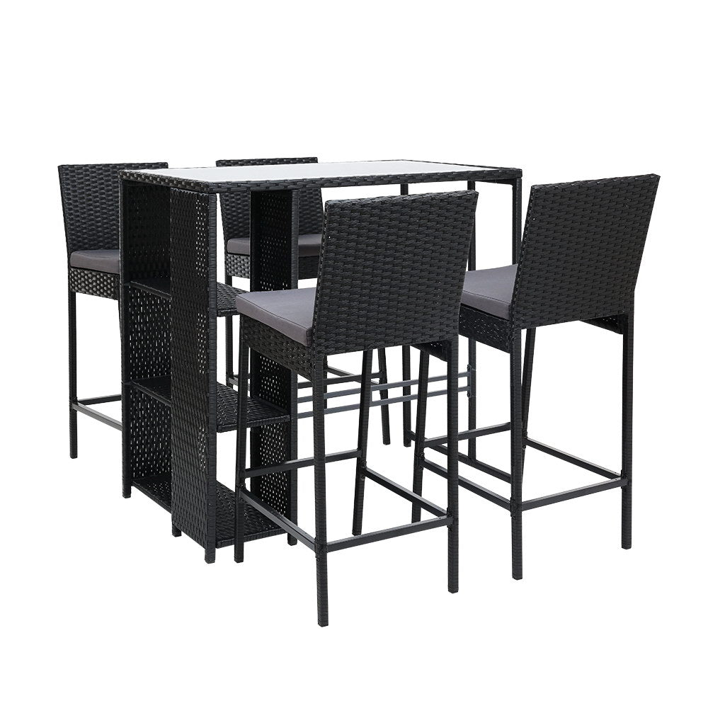 5-Piece Outdoor Bar Set - Rattan Wicker Patio Dining Chairs & Table with Stools for Backyard, Garden, Poolside or Deck Entertainment