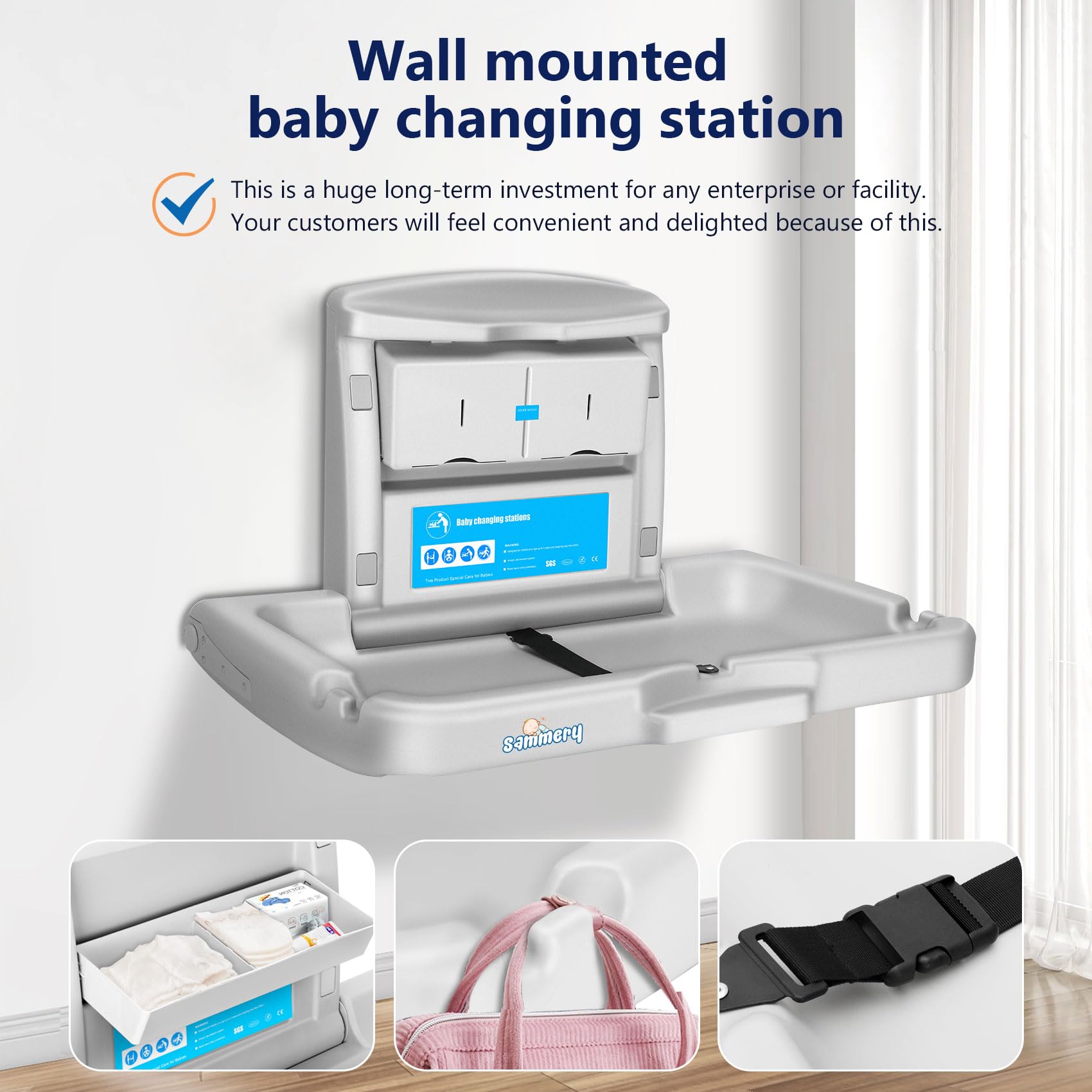 Wall Mounted Commercial Baby Changing Station with Safety Strap - Durable Diaper Changing Table for Public Restrooms & Daycares - Perfect for Busy Parents & Caregivers in High-Traffic Areas