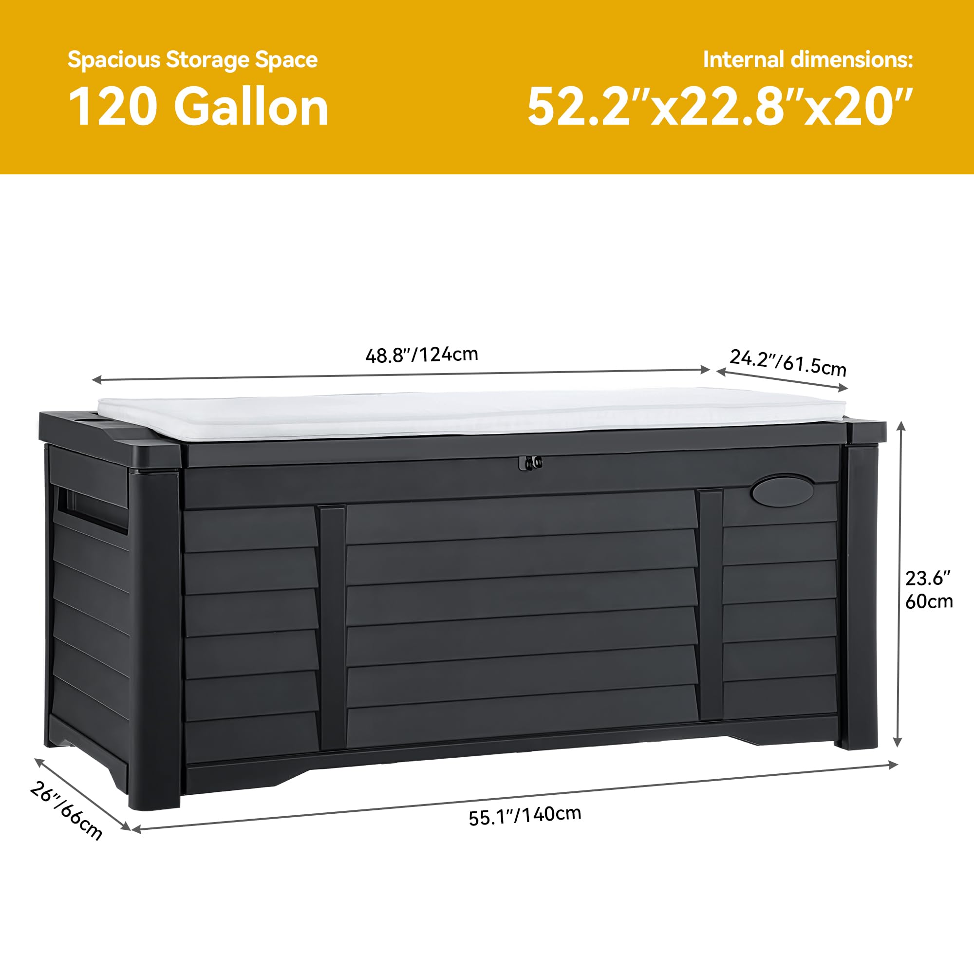 DWVO 120 Gallon Outdoor Storage Deck Box - Waterproof, Lockable Resin Storage Bench for Patio, Garden & Backyard - Durable Black Deck Box for Cushions, Toys & Pool Accessories