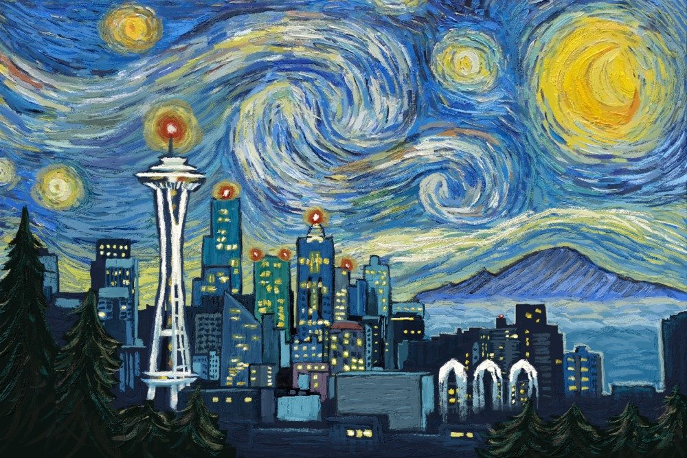 Starry Night Seattle Washington Cityscape Art Print - 24x36 Signed Wall Decor Poster for Living Room, Bedroom & Office - Modern Home Decor Gift