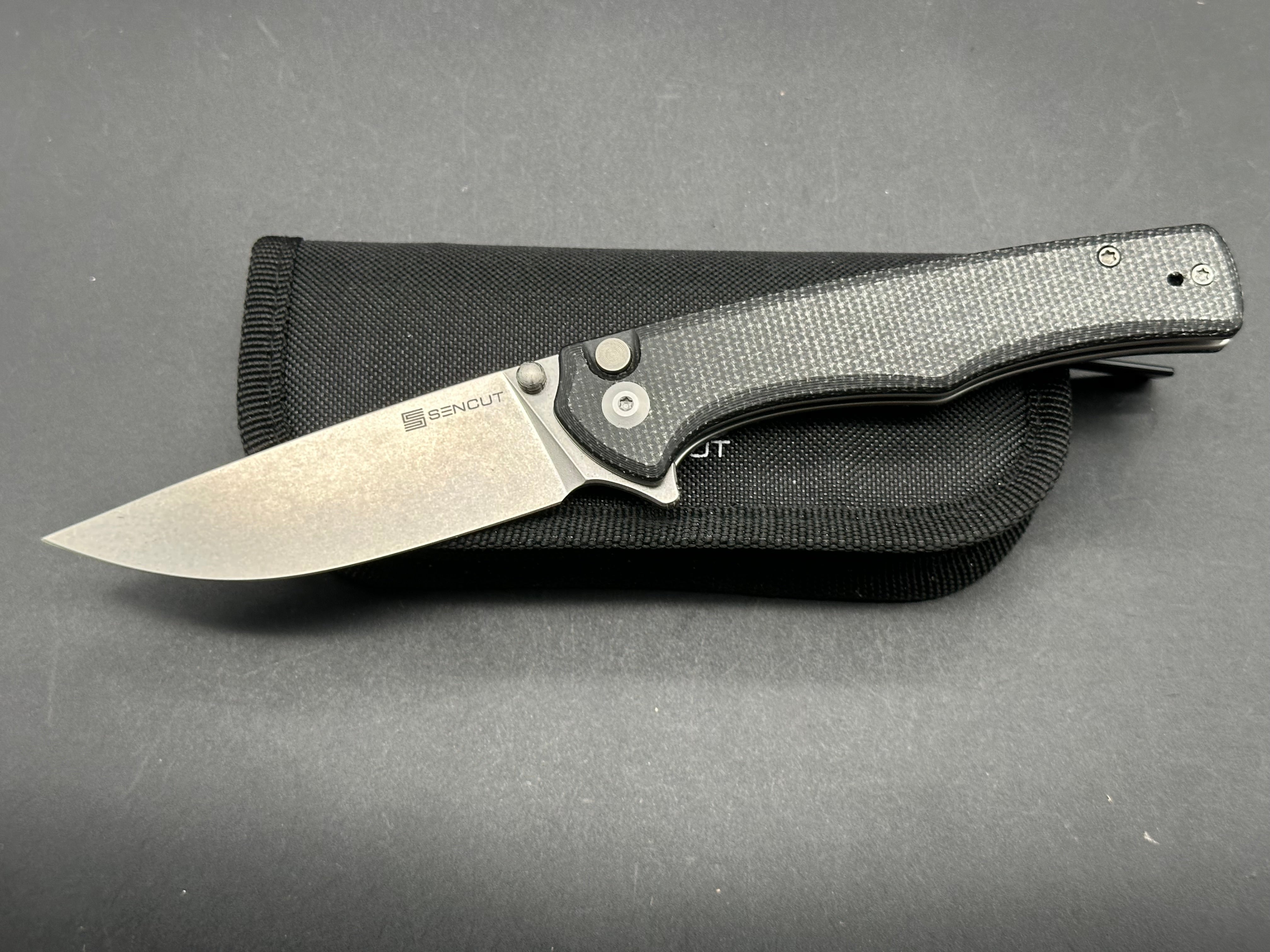 SENCUT Crowley Button Lock Pocket Knife - Black Micarta Handle, 3.48