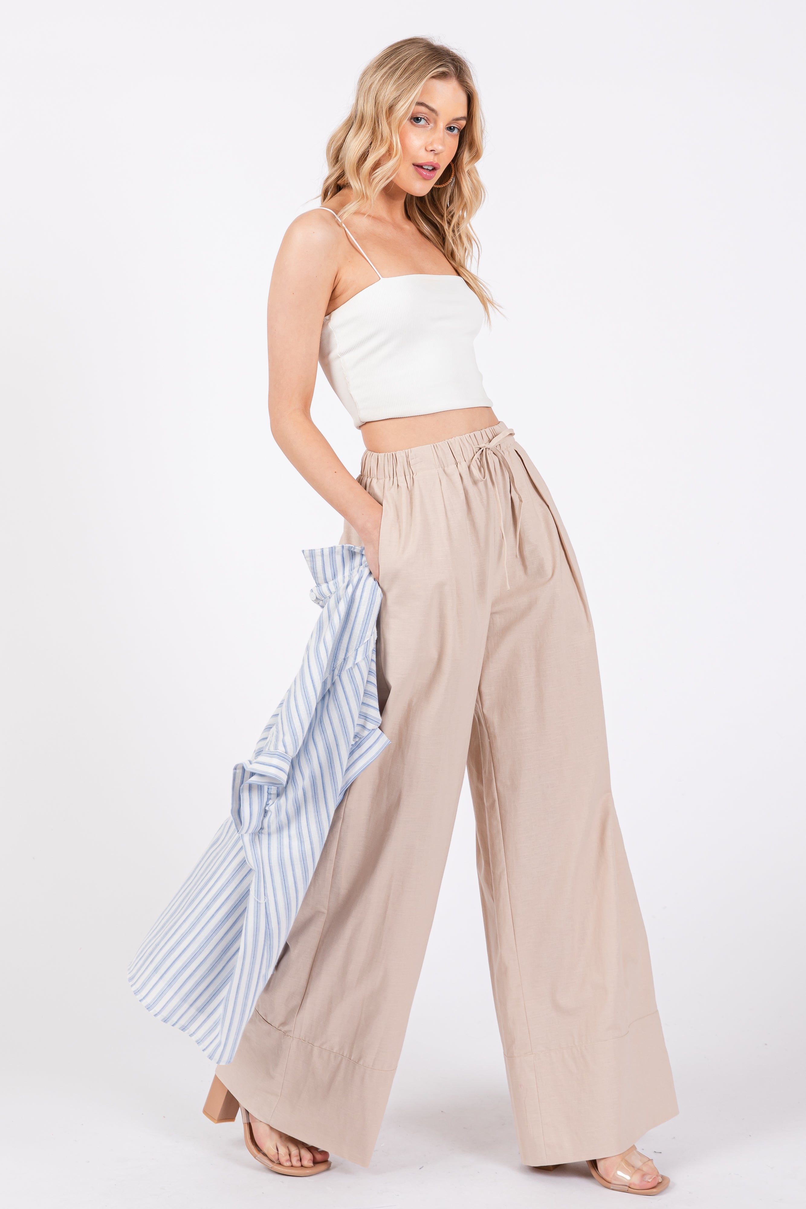 Beige Pleated Drawstring Waist Pants for Women - Comfortable High Waisted Casual Trousers with Elastic Band | Perfect for Office, Travel & Everyday Wear