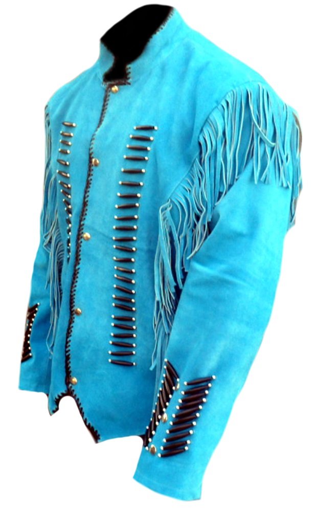 Classyak Men's Native Indian Western Suede Jacket with Fringes & Bones - Stylish Cowboy Outfit for Rodeo, Halloween Costume & Western Fashion