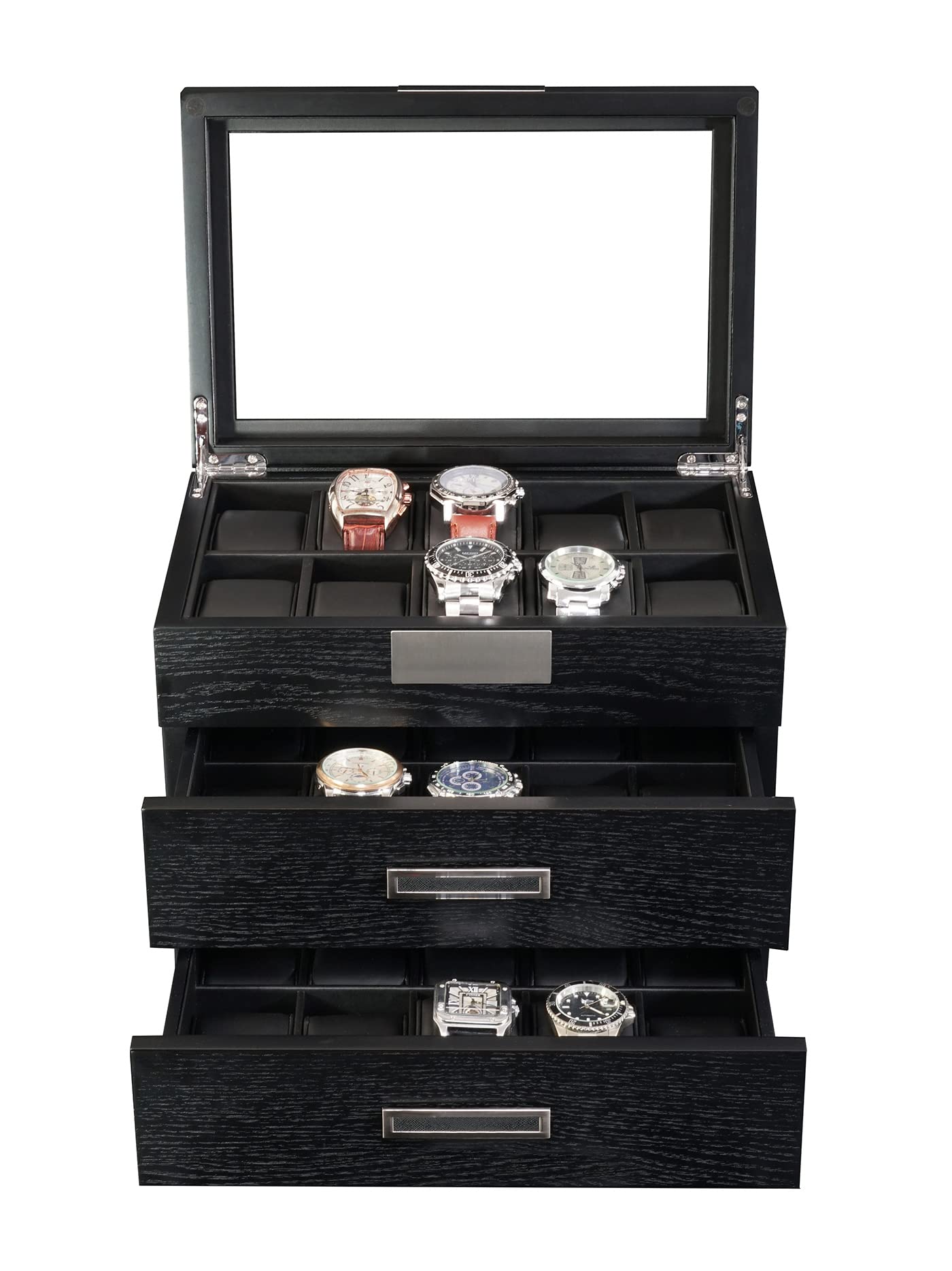 Premium 30-Slot Black Ebony Wood Watch Display Case with Glass Top - 3-Tier Jewelry Organizer with Stainless Steel Accents & 2 Drawers - Perfect for Watch Collections, Jewelry Storage & Retail Store Displays