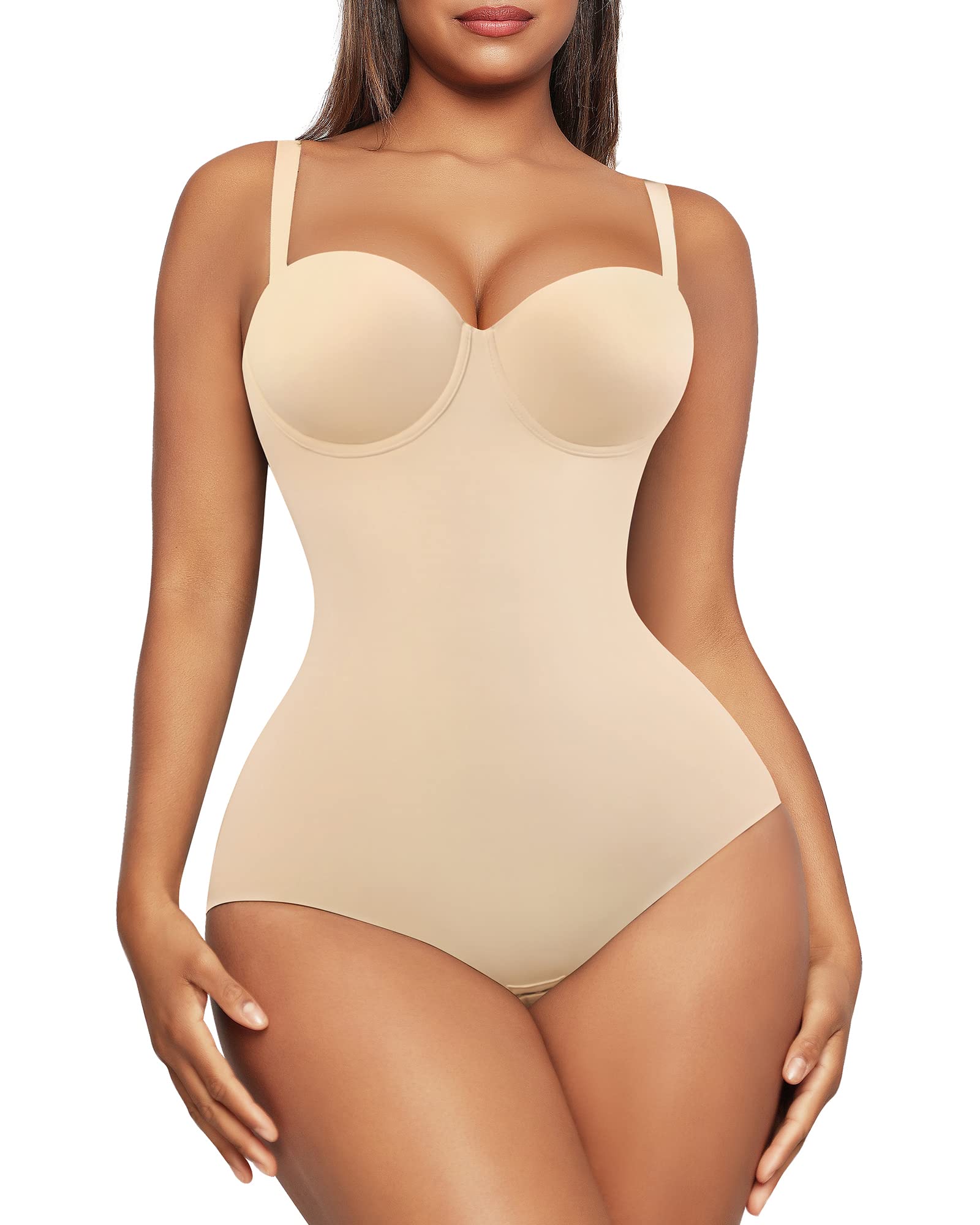 FeelinGirl Women's Tummy Control Shapewear Bodysuit - Seamless Slimming Body Shaper with Removable Straps & Built-in Cups | Perfect for Everyday Wear, Special Occasions & Postpartum Recovery