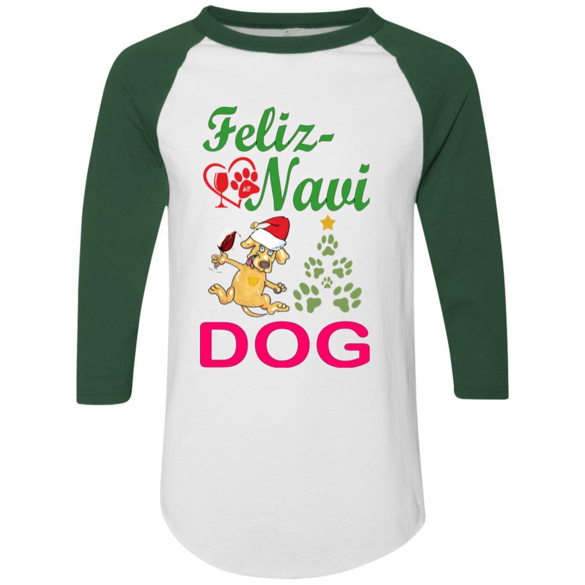 Feliz Navidad Dog Sweater - Colorblock Raglan Jersey in Green & Red | Christmas Pet Apparel for Small & Medium Dogs | Perfect for Holiday Photos & Festive Outfits