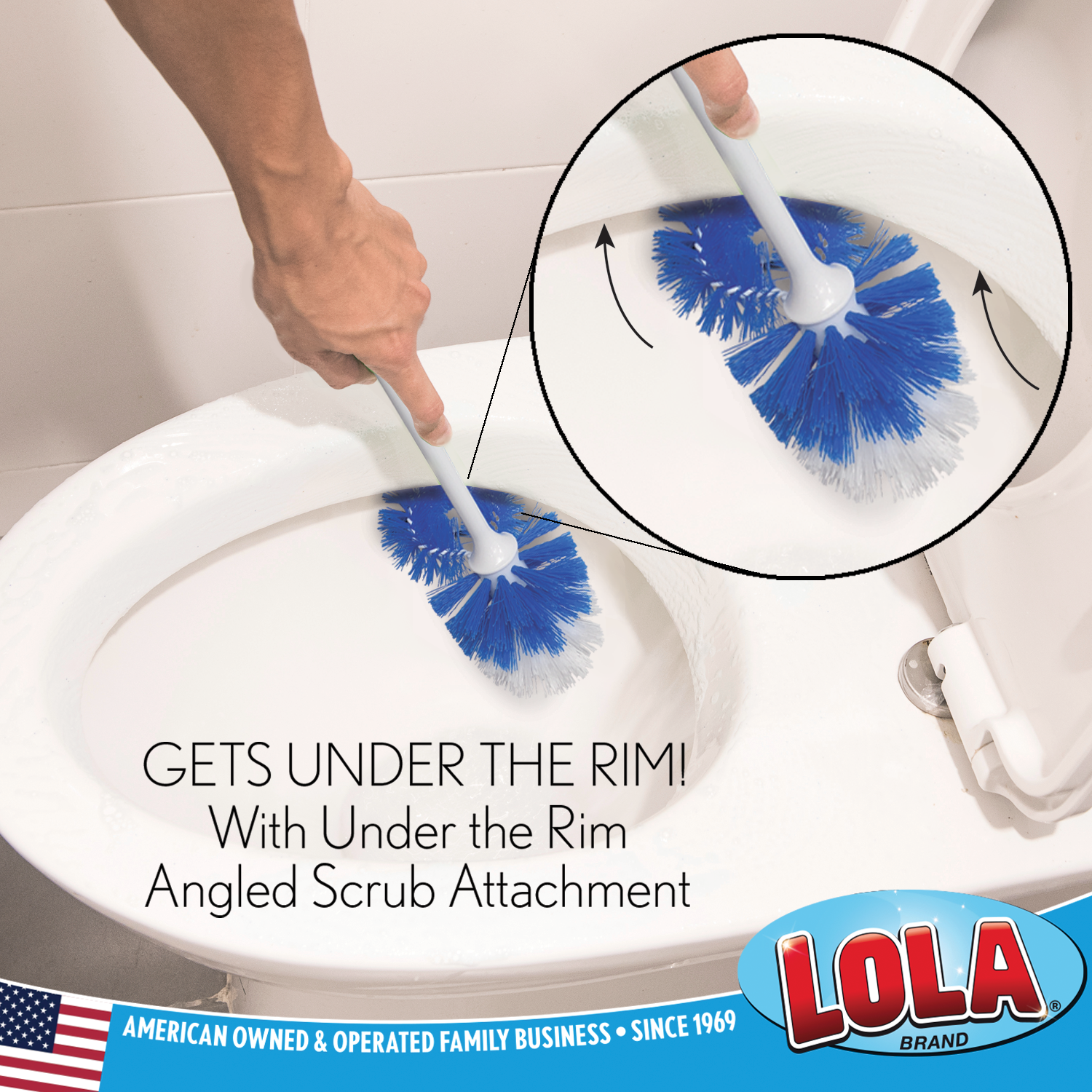 Lola Pro Euro Bowl Brush with Angled Scrub Attachment - Heavy Duty Toilet Cleaning Brush for Hard-to-Reach Areas Under Rim - Perfect for Bathroom, Kitchen Sink & Tile Grout Cleaning