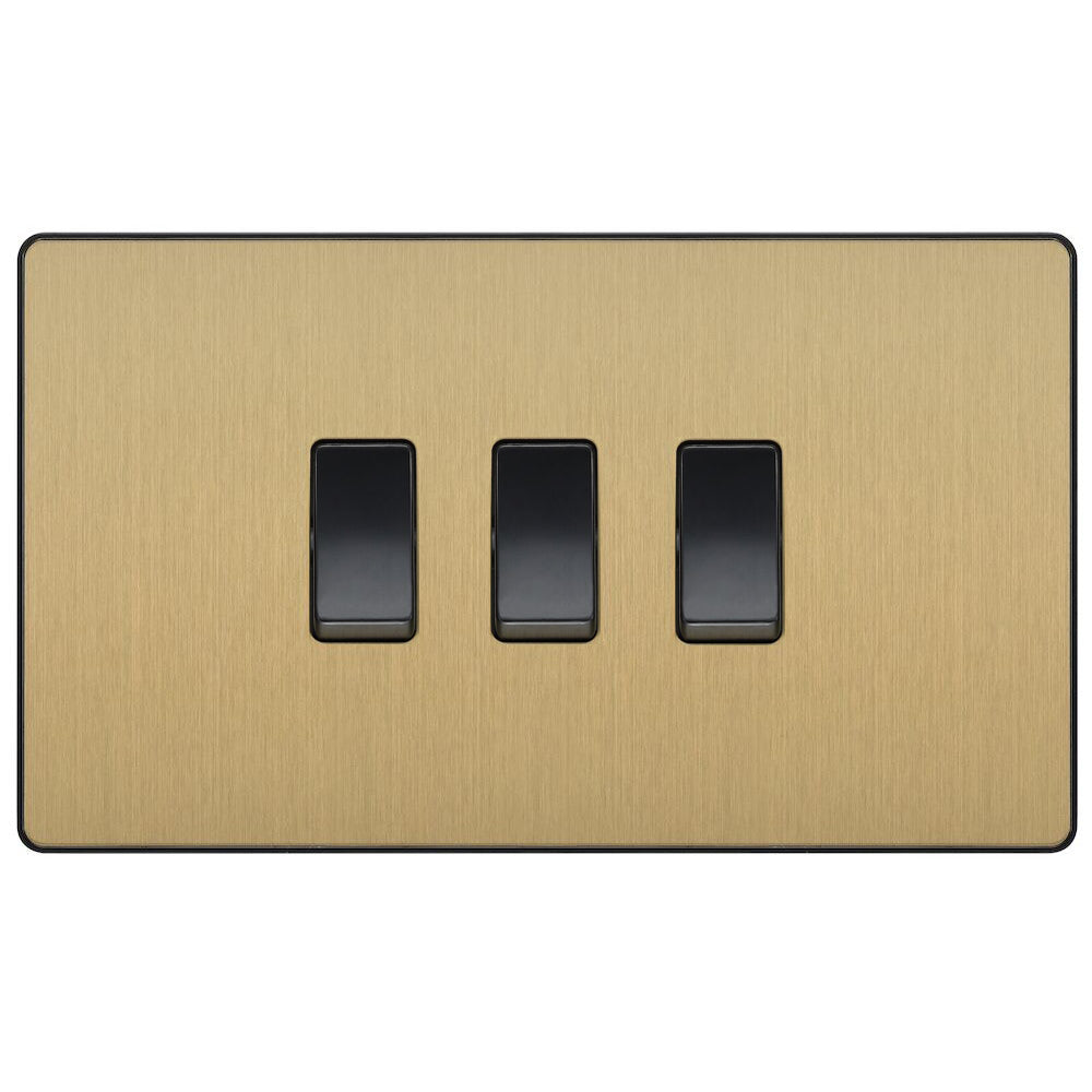 BG Evolve Satin Brass 3G 2W Light Switch PCDSB432B - Modern Electrical Switch for Home & Office Lighting Control