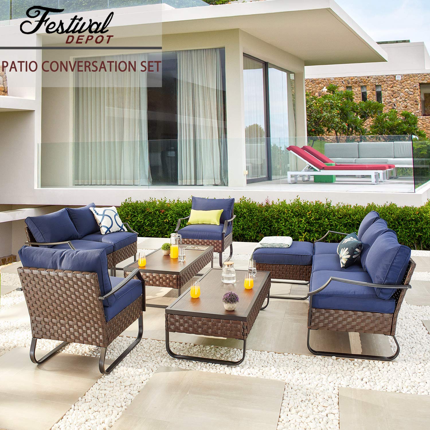 10-Piece Outdoor Patio Conversation Set - All-Weather PE Rattan Sectional Sofa with Loveseat, Coffee Table & Removable Cushions (Blue) - Perfect for Backyard, Garden, Poolside or Terrace Relaxation