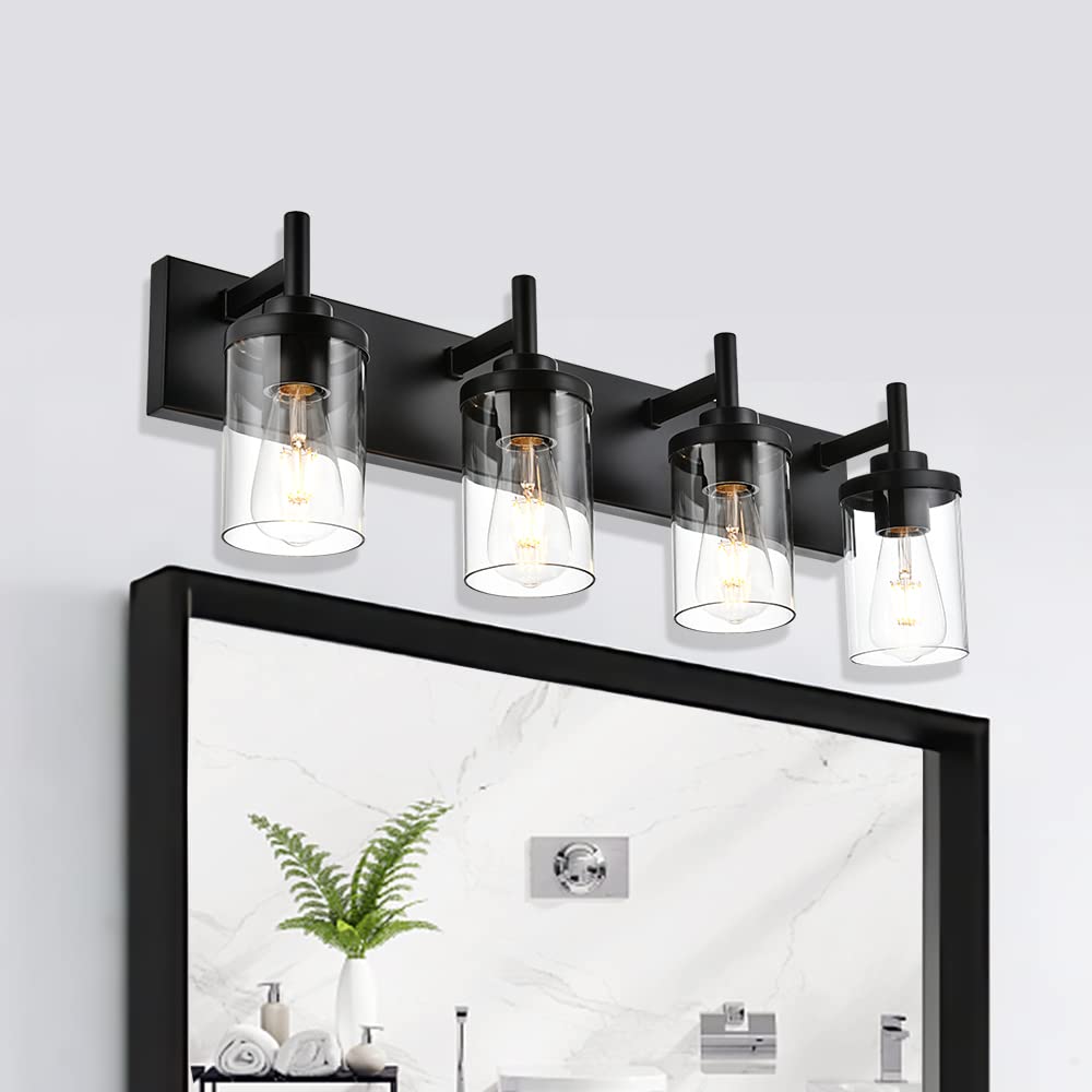 Modern Black Bathroom Vanity Light Over Mirror - Clear Glass Shade Wall Sconce Fixture for Bathroom, Bedroom, Kitchen & Dressing Table | Perfect for Makeup, Grooming & Home Decor Lighting