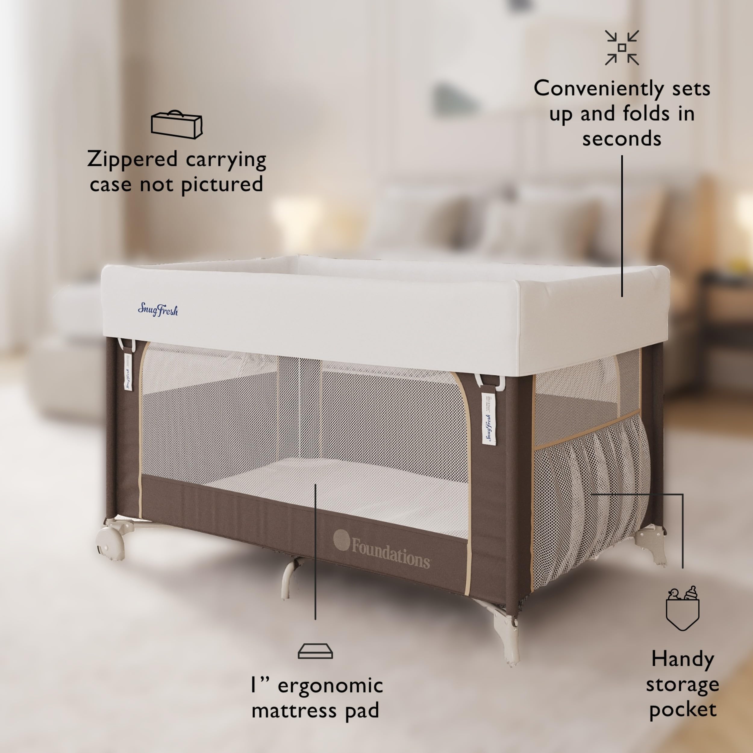 Foundations SnugFresh Elite Baby Play Yard with Wheels - Portable Playpen for Toddlers & Infants | Washable Cover, Foldable Design & Travel Mattress Included | Perfect for Home, Daycare & Travel - Sahara