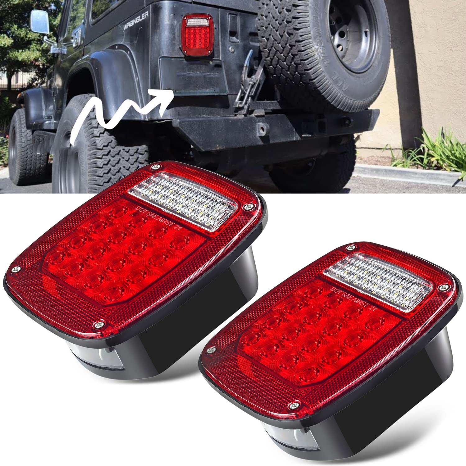 LIMICAR RV Square 43 LED Trailer Lights - 2PCS Red/White Stop Turn Reverse Tail Lights with License Plate Light for Truck, Trailer, Jeep YJ TJ JK CJ | Waterproof, Durable for Off-Road, Camping & Towing