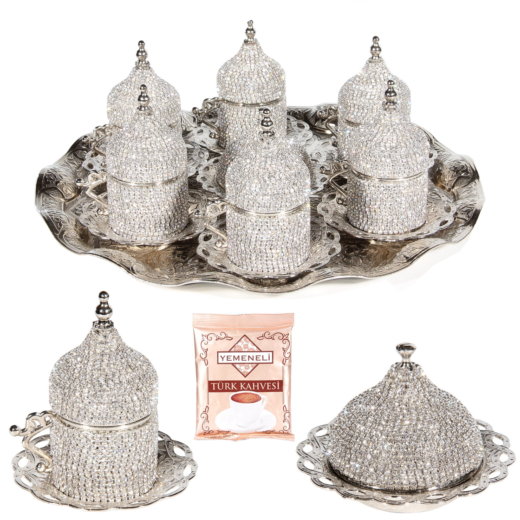 27-Piece Turkish Coffee Cup Set with Saucers & Holders - Elegant Silver Decorated Design for Home, Cafe & Gift Giving