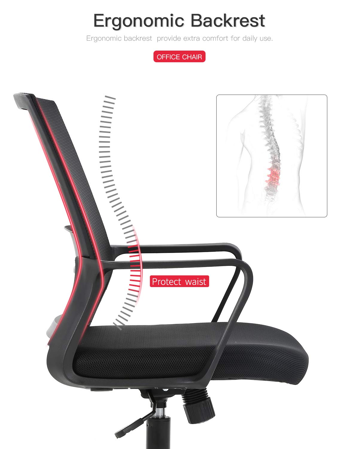 Ergonomic Mesh Office Chair with Wheels & Lumbar Support - Adjustable Mid-Back Swivel Task Chair for Home Office, Computer Desk & Executive Work - Comfortable Breathable Mesh Back & Armrests (Black) - Perfect for Long Work Hours, Gaming & Remote Work Setup