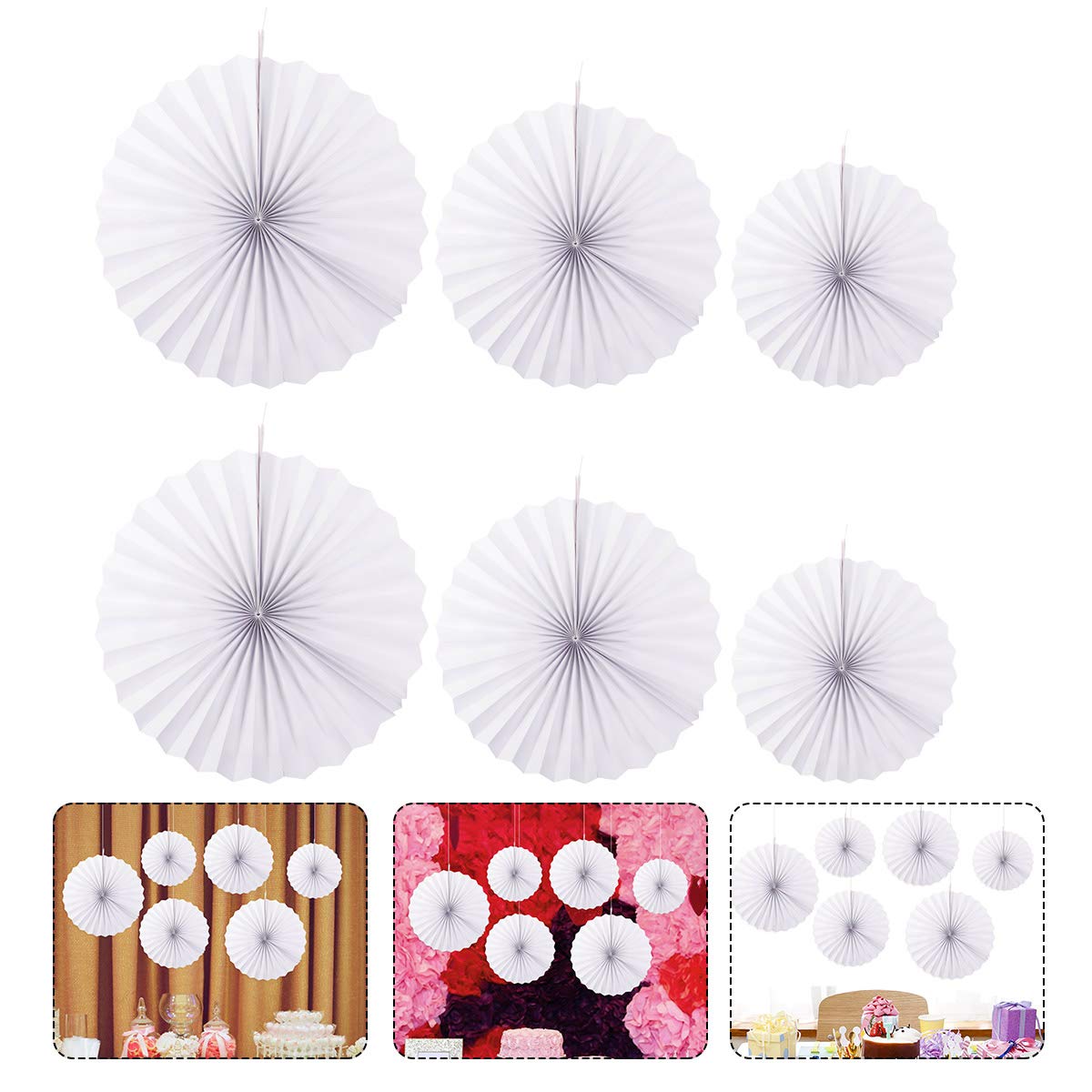 6Pcs White Hanging Paper Fans - Elegant Wedding & Party Decorations for Indoor/Outdoor Events, Birthday, Bridal Shower, and Home Decoration