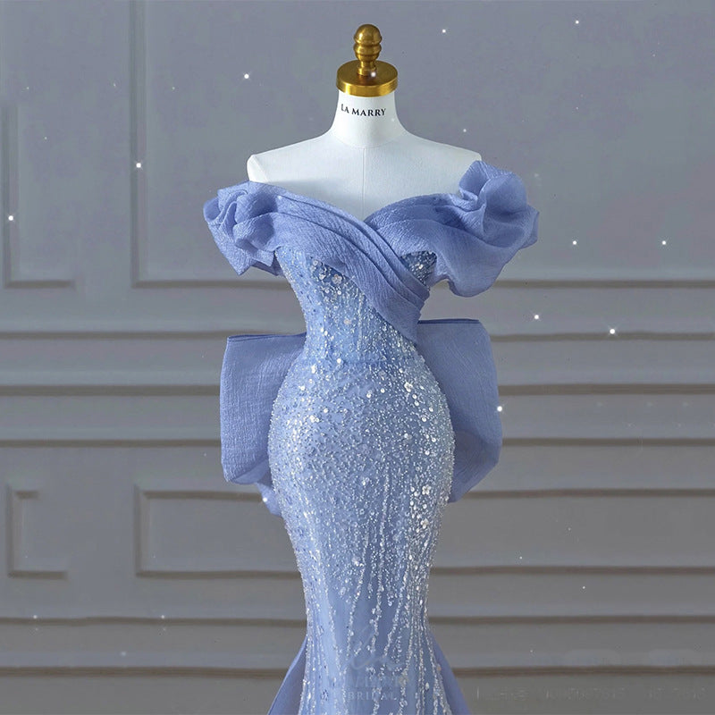 Elegant Blue Beaded Mermaid Prom Dress with Off-Shoulder Sparkly Design - Perfect for Evening Gala, Homecoming, and Formal Events