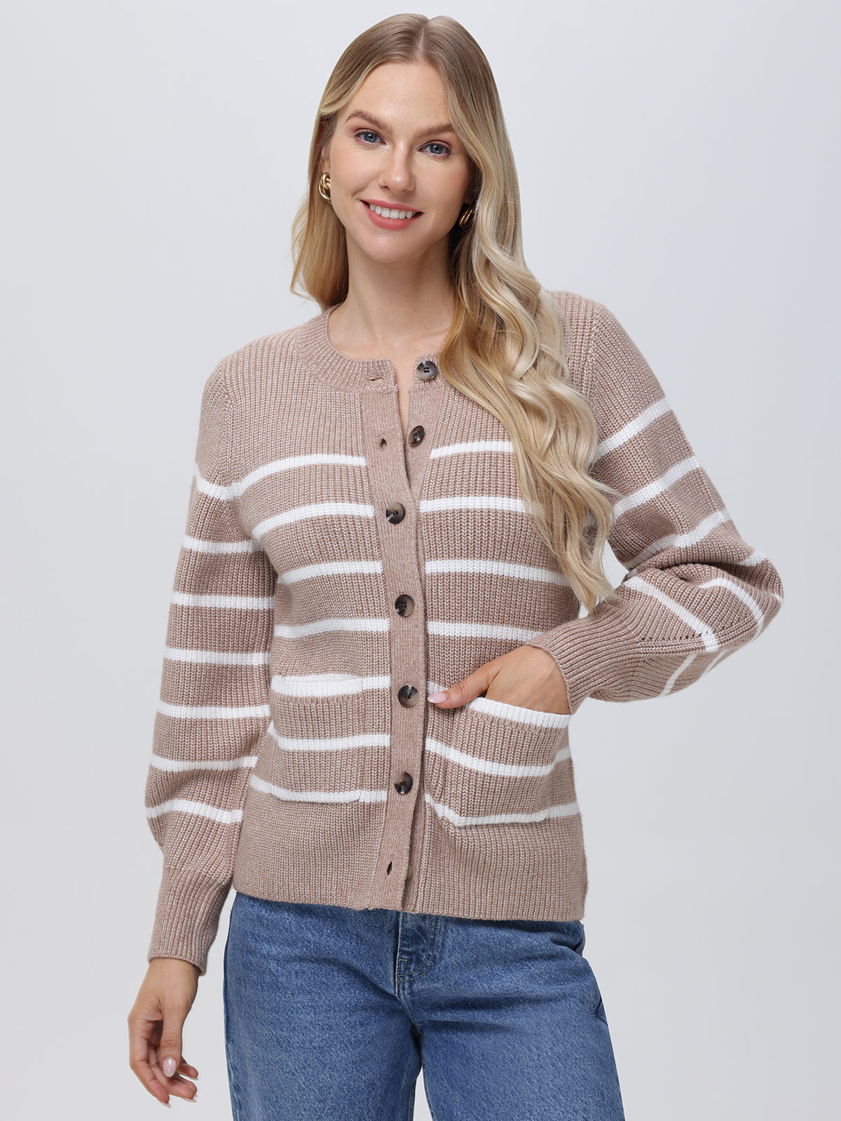 Josie: Women's Striped Crewneck Cardigan Sweater - Cozy Knit Pullover for Casual Outfits & Layering in Fall & Winter