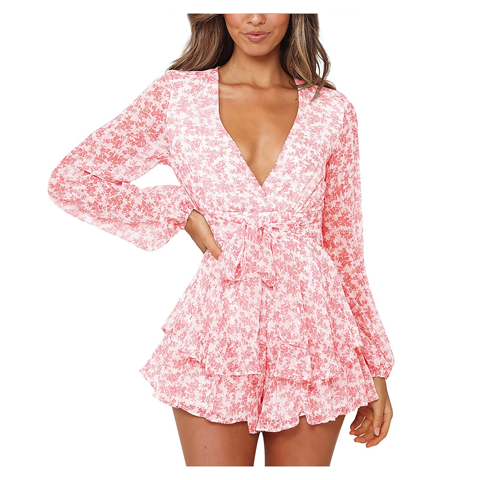 Eaktool Women's Summer Jumpsuit - Floral Printed Chiffon Romper with Lace-Up Detail | Casual Outfit for Beach, Vacation & Date Night