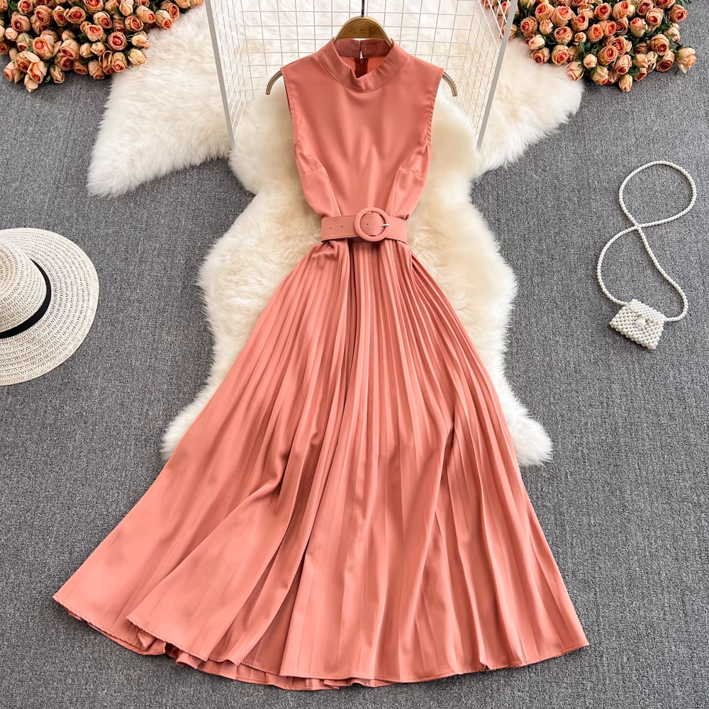 Fairy A-Line Sleeveless High Waist Pleated Dress for Women - Summer Flowy Midi Dress with Pockets | Perfect for Beach Vacations, Date Nights & Outdoor Parties
