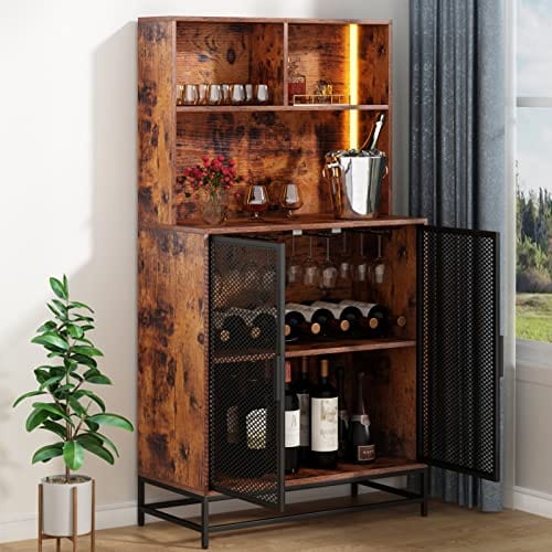 Auromie 4-Tier Wine Bar Cabinet with LED Lights - Industrial Rustic Freestanding Liquor Storage Cabinet with Wine Rack & Glass Holder - Perfect for Home Bar, Kitchen, Dining Room, and Entertainment Spaces