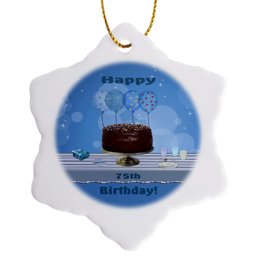 3dRose 75th Birthday Party Snowflake Porcelain Ornament - 3-Inch Hand-Painted Decoration with Chocolate Cake & Blue Balloons | Perfect for Christmas Tree, Gift Giving & Milestone Celebrations
