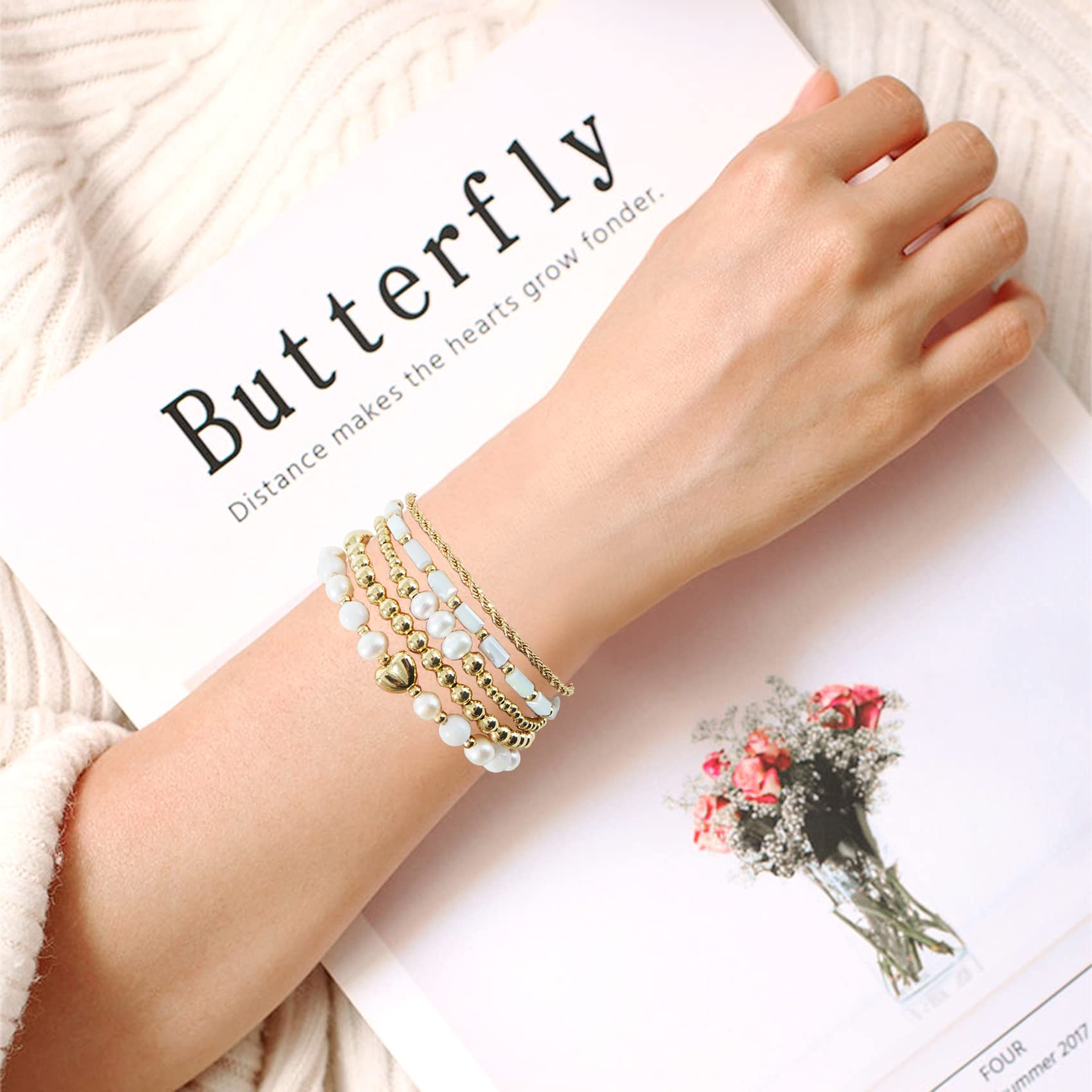 GOOJIDS Tiny Pearl Gold Heart Beaded Bracelets for Women - Dainty Gold Plated Pearls Stackable Layered Beads Bracelet Gift Set for Mom, Birthday, Mother's Day | Perfect for Everyday Wear, Special Occasions & Gift Giving