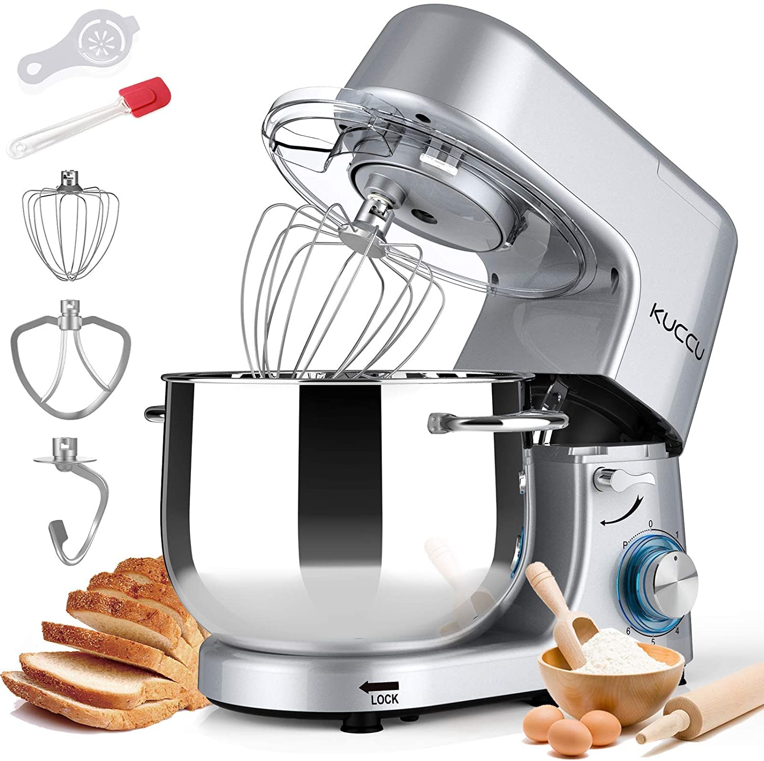 9.5 QT Double Handle KUCCU Stand Mixer - 6 Speed with Pulse, 660W Tilt-Head Electric Kitchen Mixer with Dishwasher-Safe Dough Hook, Flat Beater, Whisk & Splash Guard - Perfect for Home Baking, Cake Mixing & Cookie Dough (Silver)